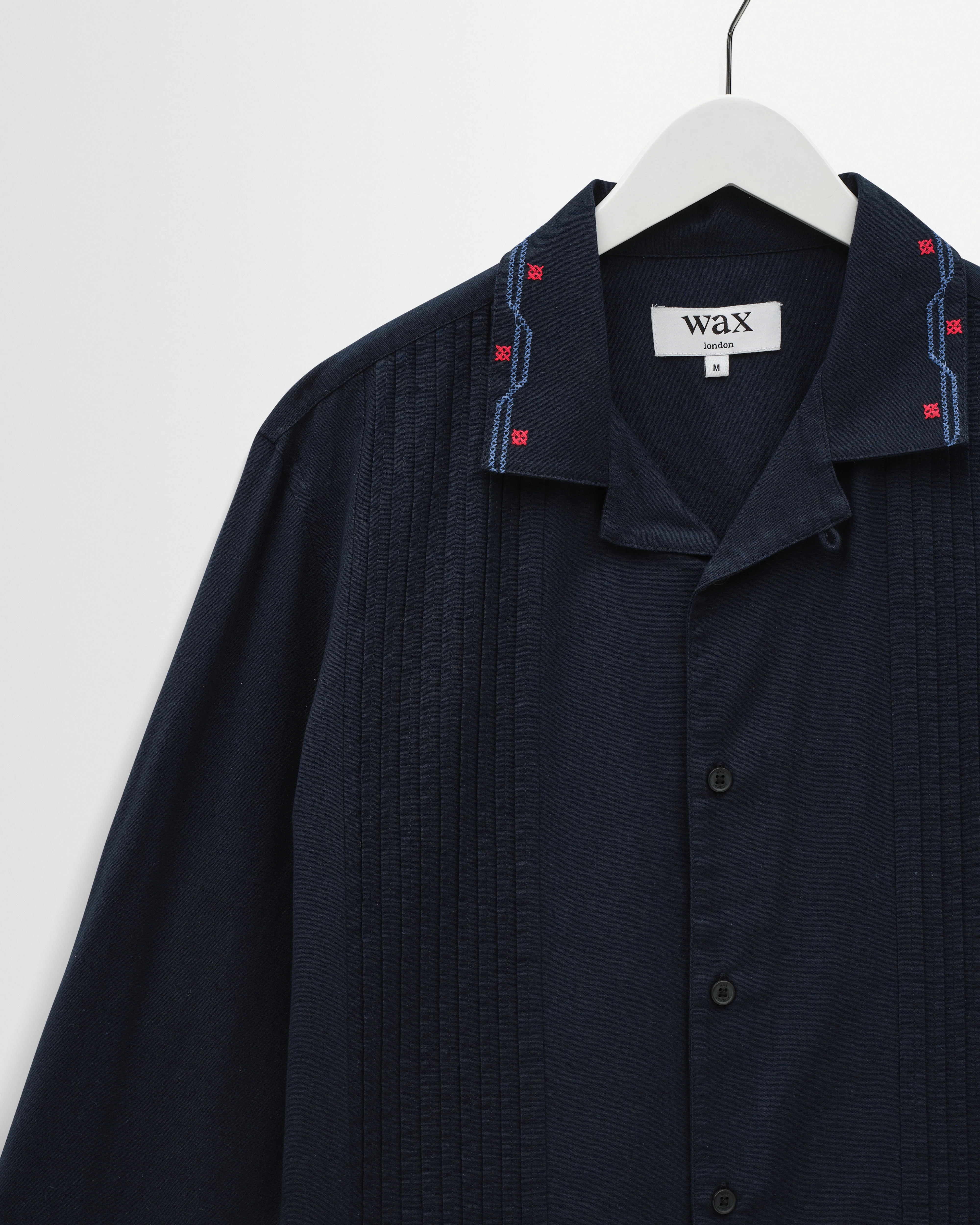 Corey - Navy Pintuck Border Cotton-Linen Shirt - Image 7
