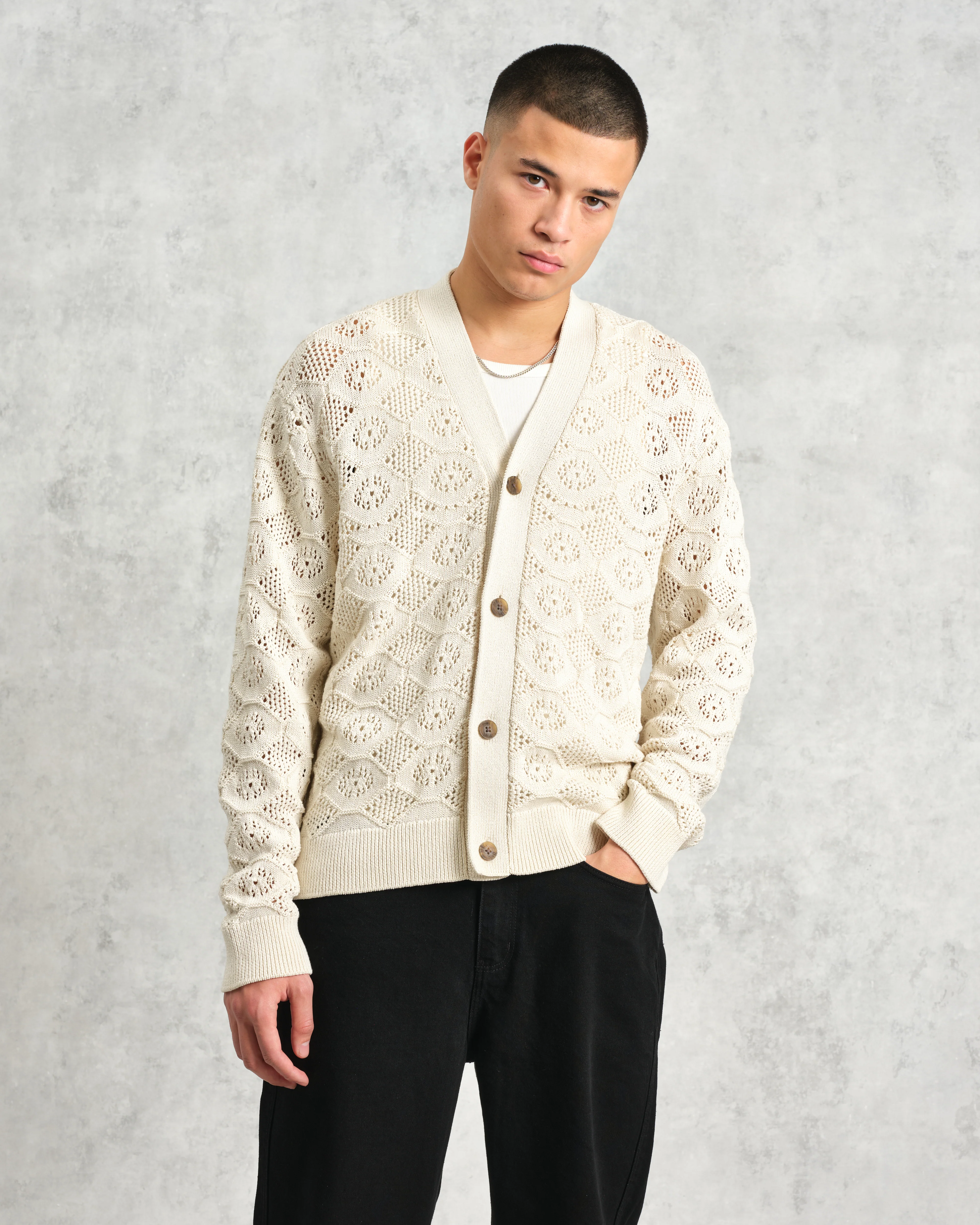 Crosby - Ecru Pointelle Cotton Cardigan - Image 3