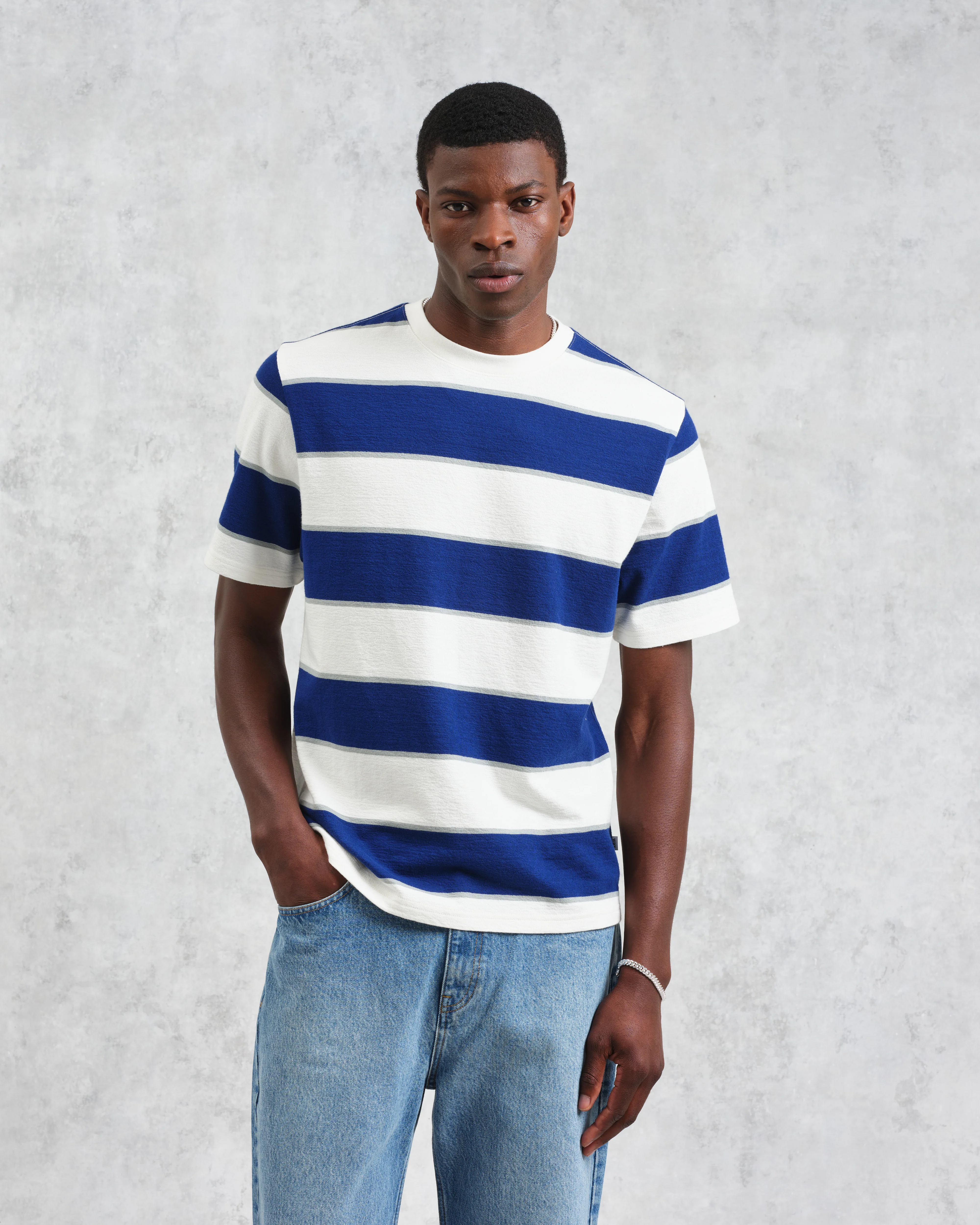 Dean - Blue And Ecru Stripe Textured Organic Cotton T-Shirt - Image 2