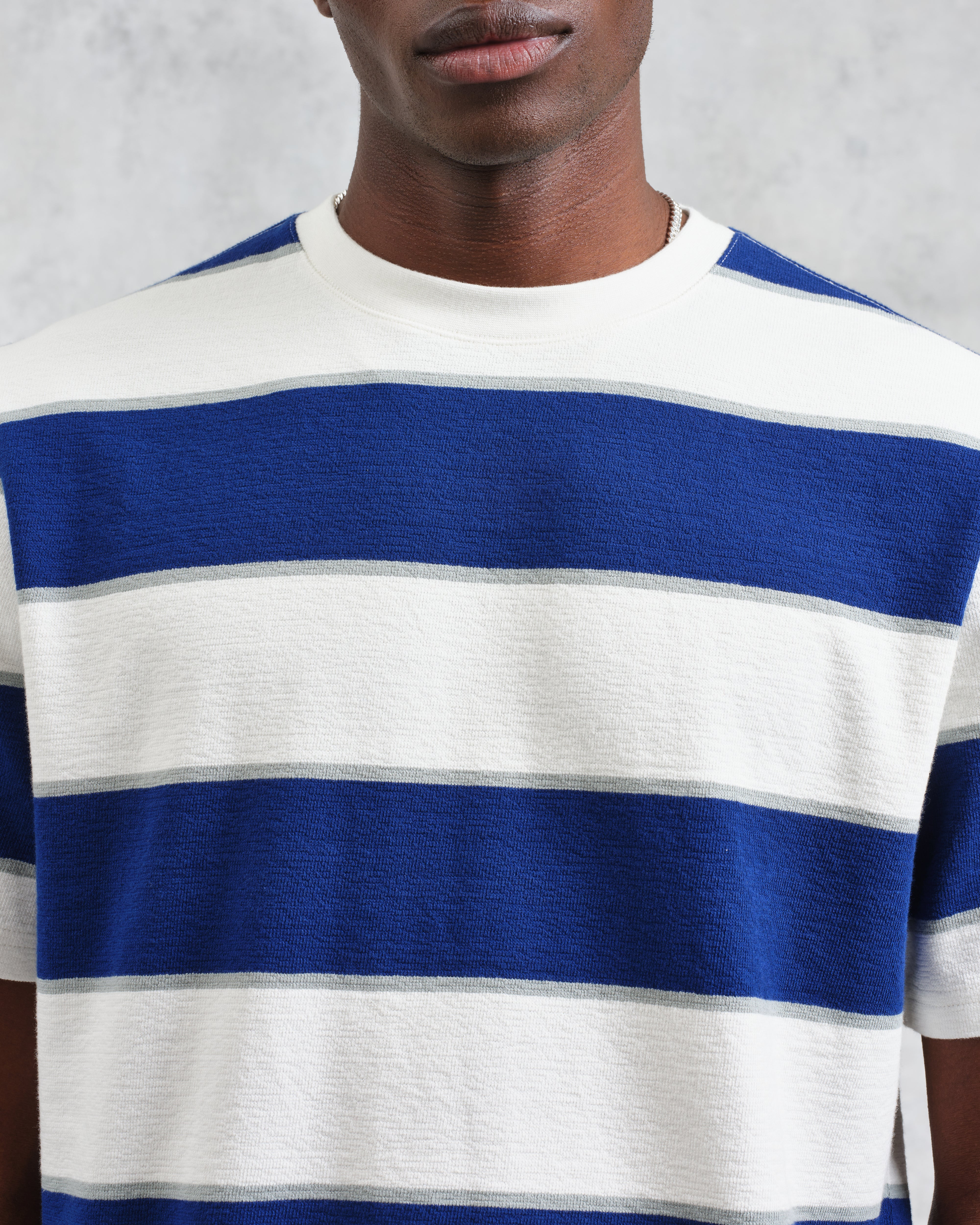 Dean - Blue And Ecru Stripe Textured Organic Cotton T-Shirt - Image 3