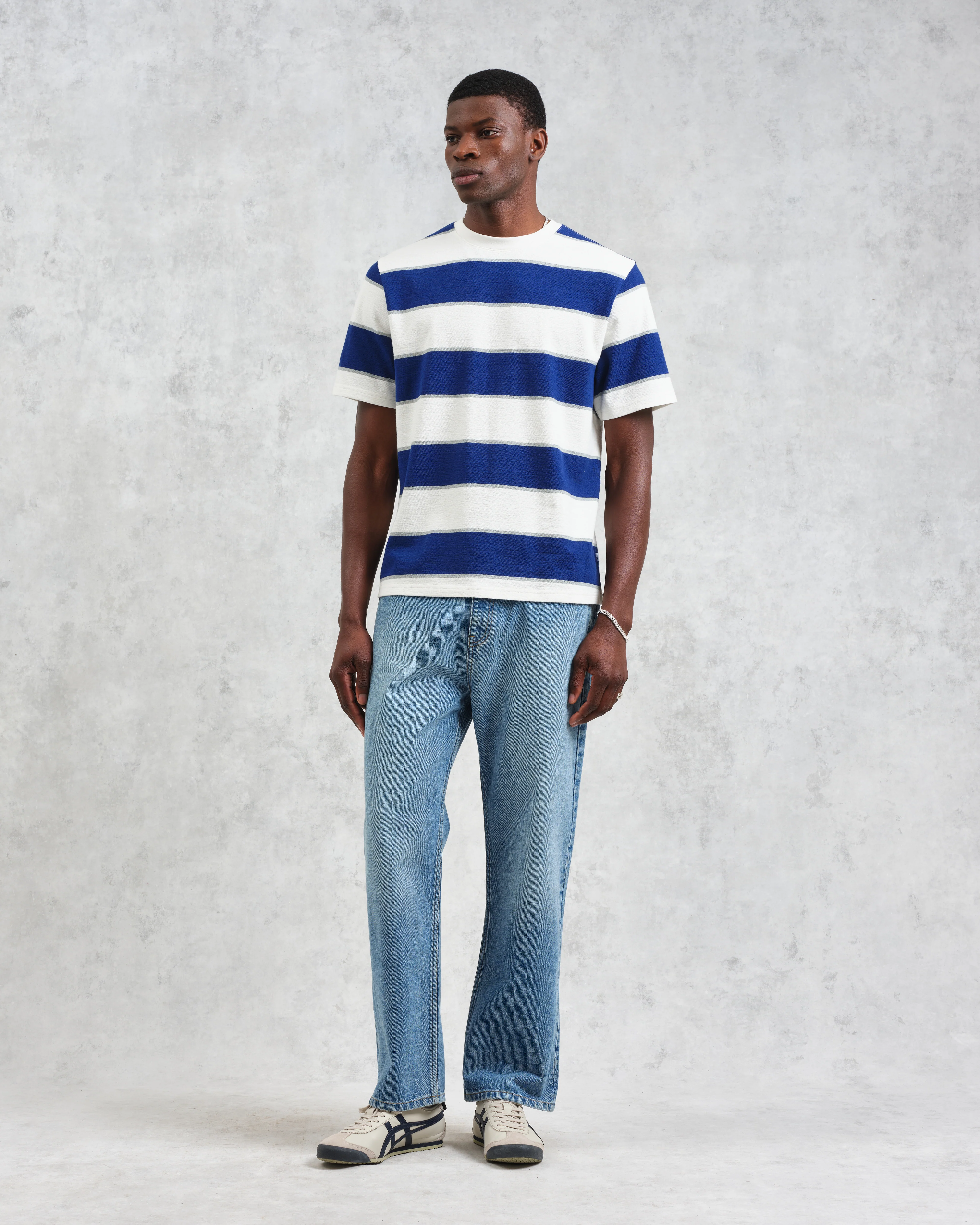 Dean - Blue And Ecru Stripe Textured Organic Cotton T-Shirt - Image 4