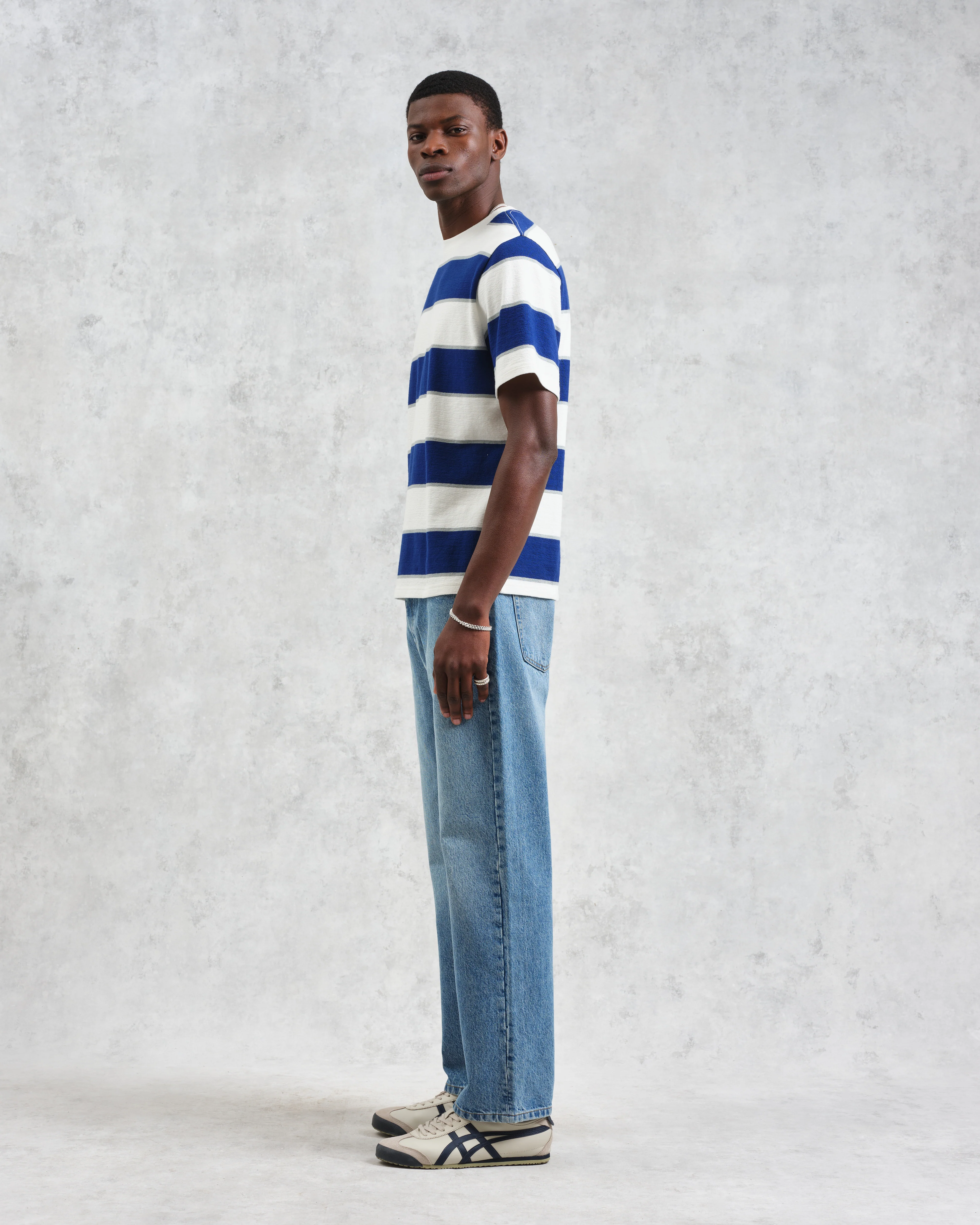 Dean - Blue And Ecru Stripe Textured Organic Cotton T-Shirt - Image 5
