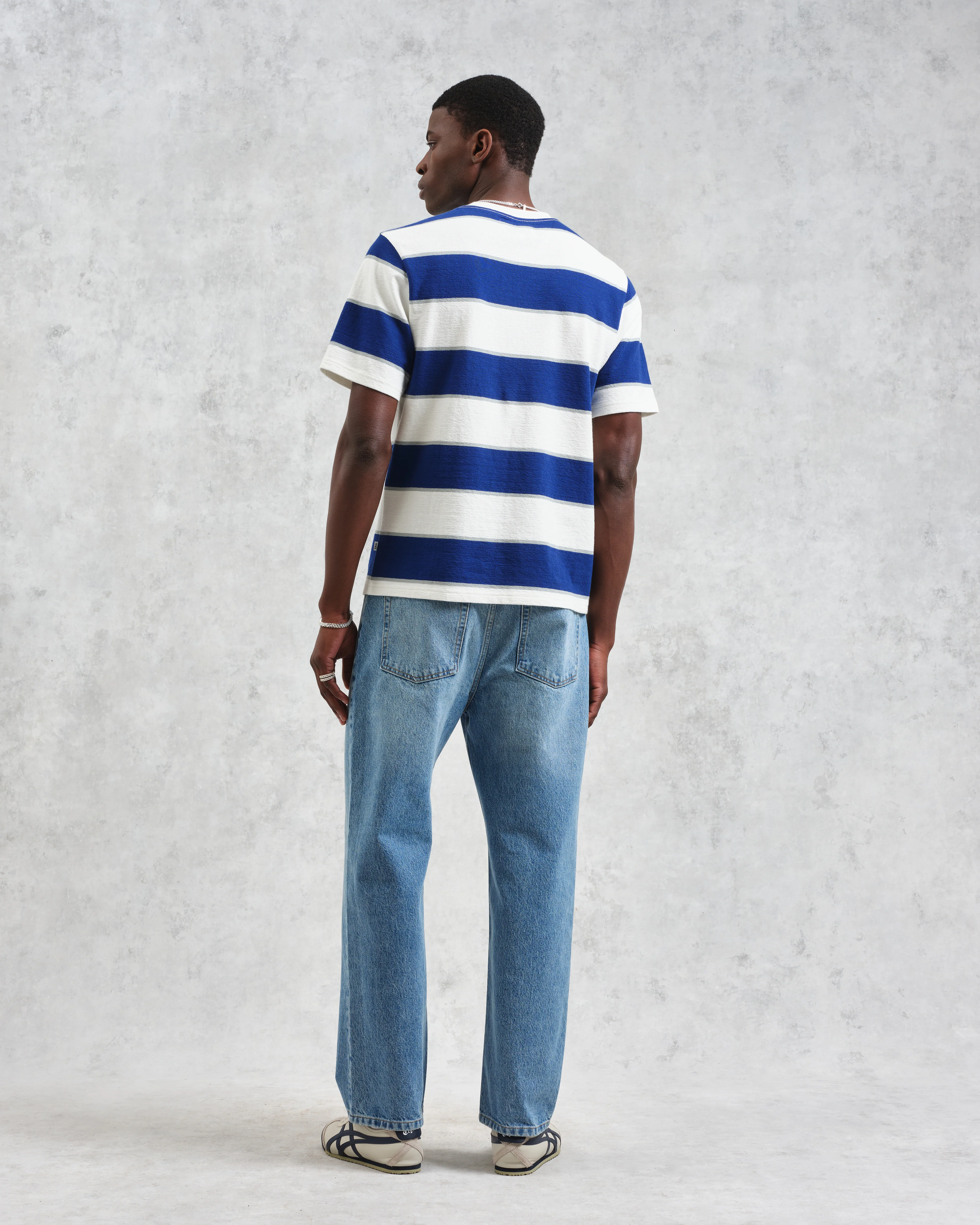 Dean - Blue And Ecru Stripe Textured Organic Cotton T-Shirt - Image 6