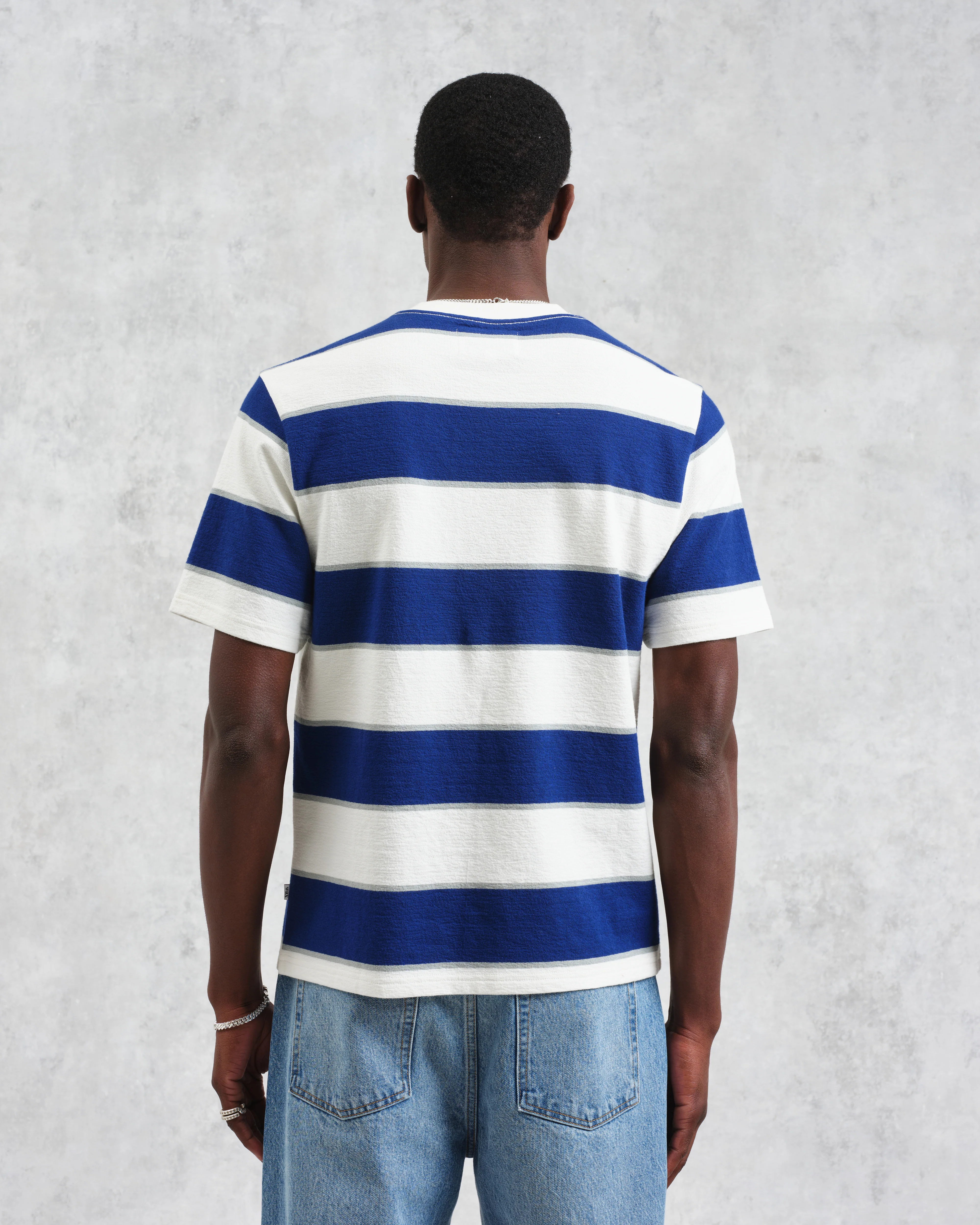 Dean - Blue And Ecru Stripe Textured Organic Cotton T-Shirt - Image 7