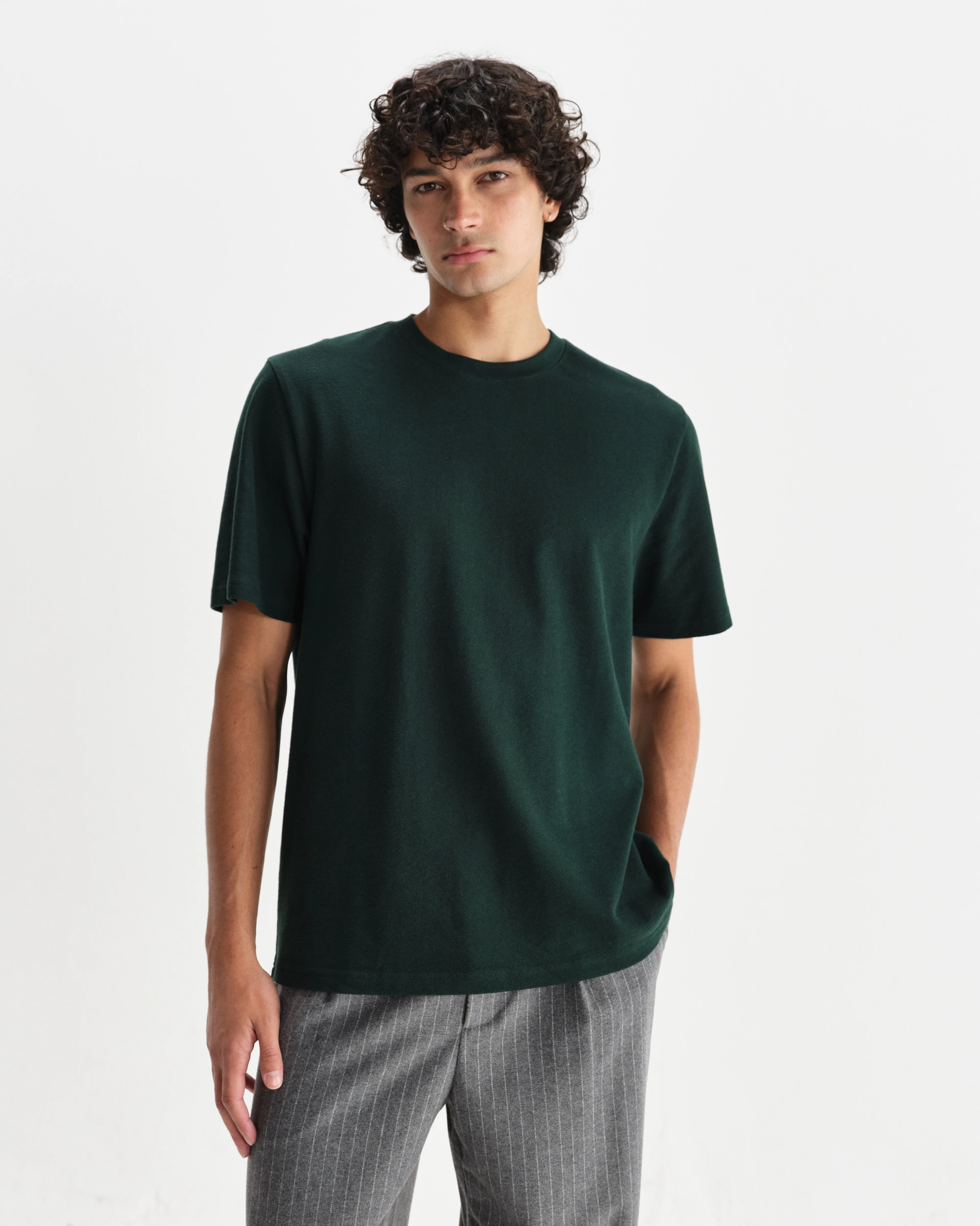 Dean - Bottle Green Textured Organic Cotton T-Shirt - Image 2