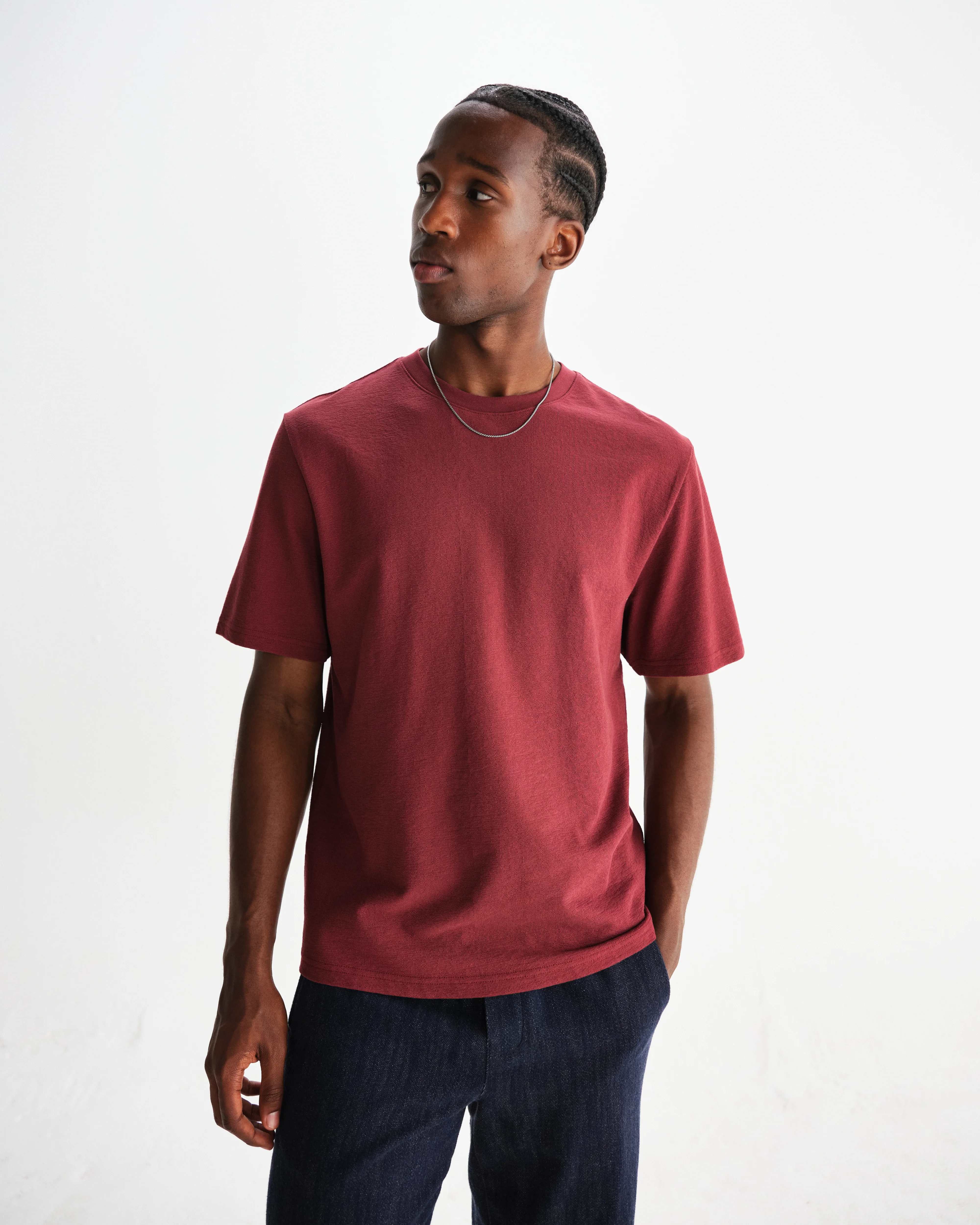 Dean - Burgundy Textured Organic Cotton T-Shirt - Image 2