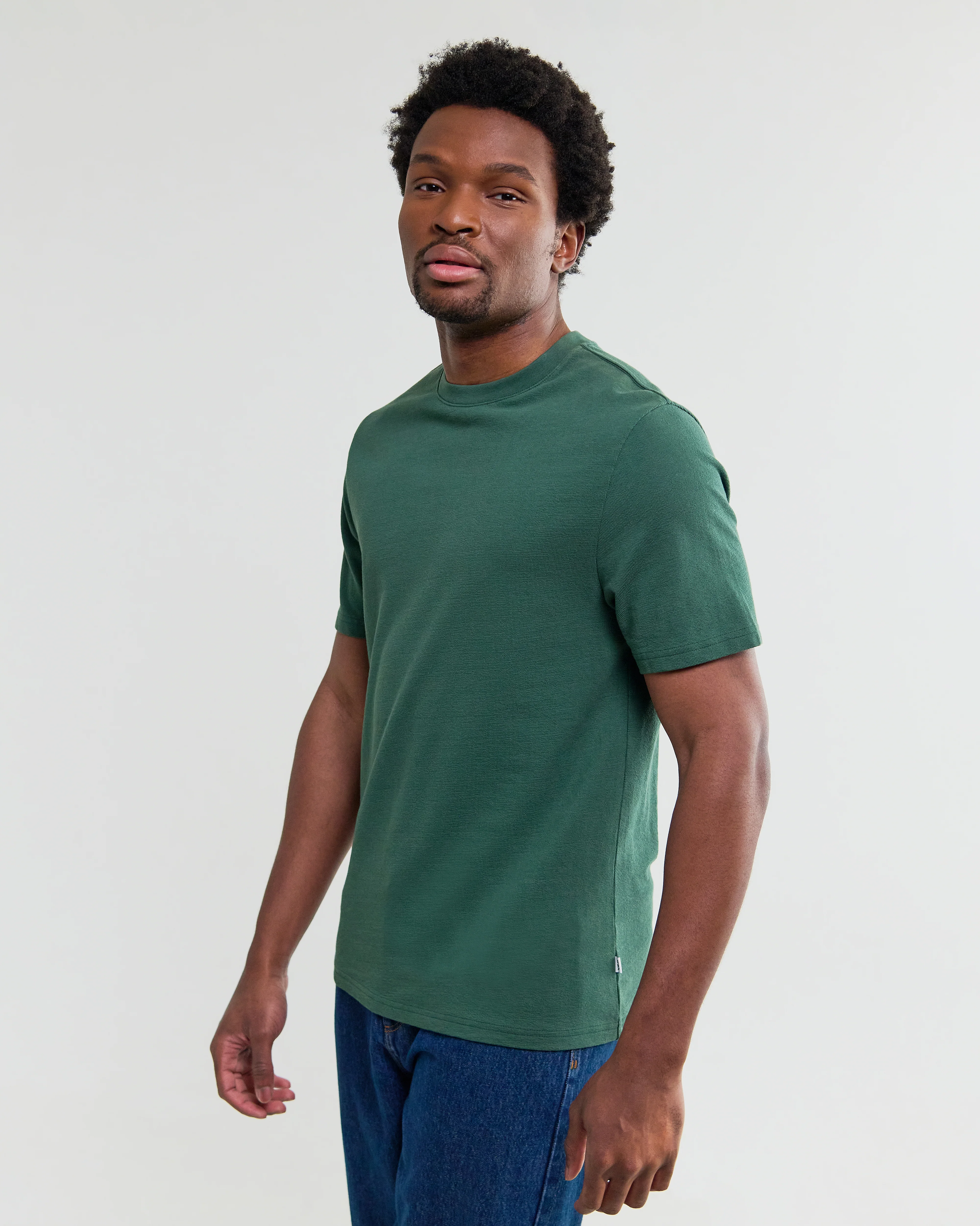 Dean - Dark Green Textured Organic Cotton T-Shirt - Image 2