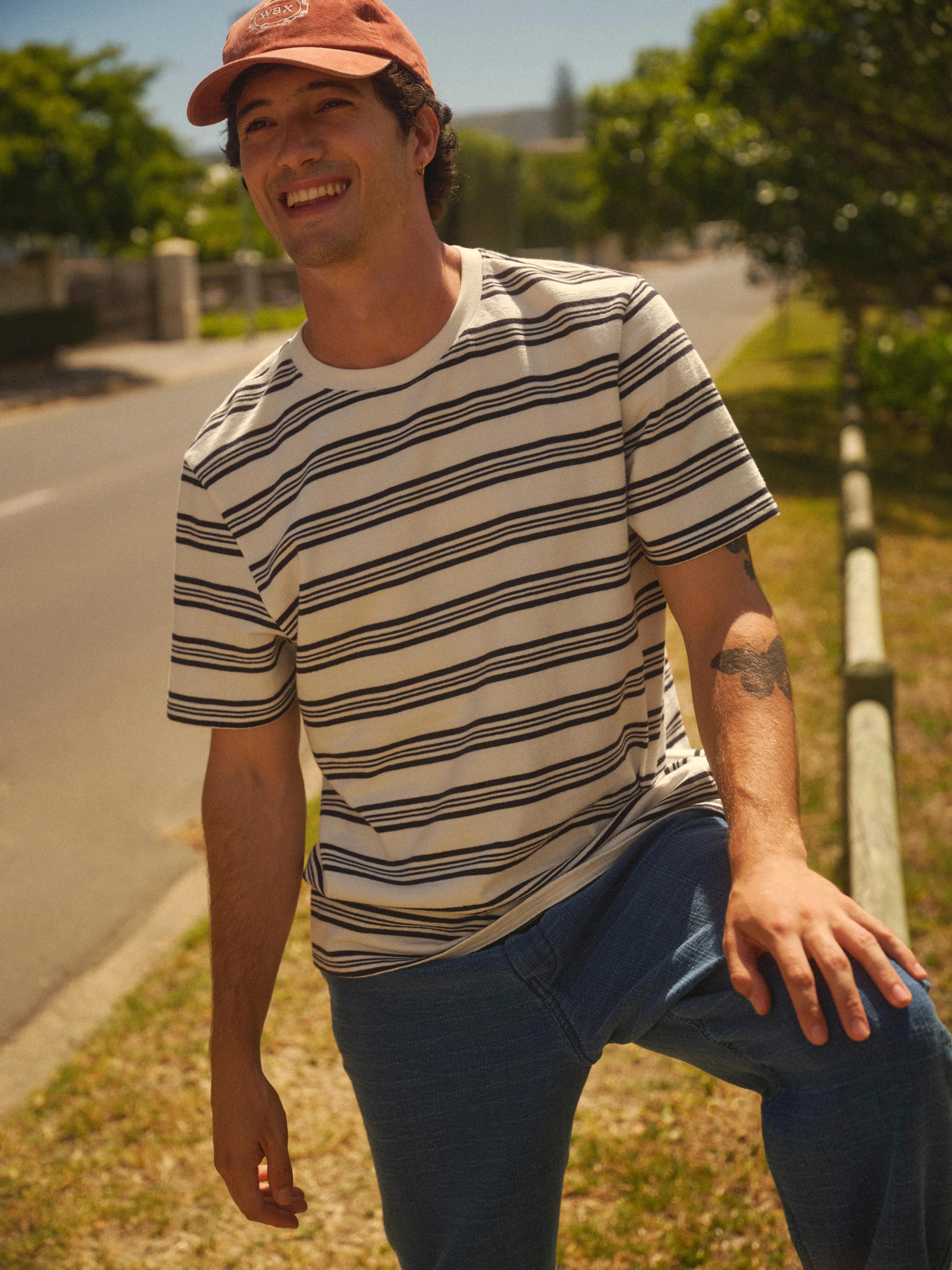 Dean - Ecru And Navy Textured Stripe Organic Cotton T-Shirt - Image 3
