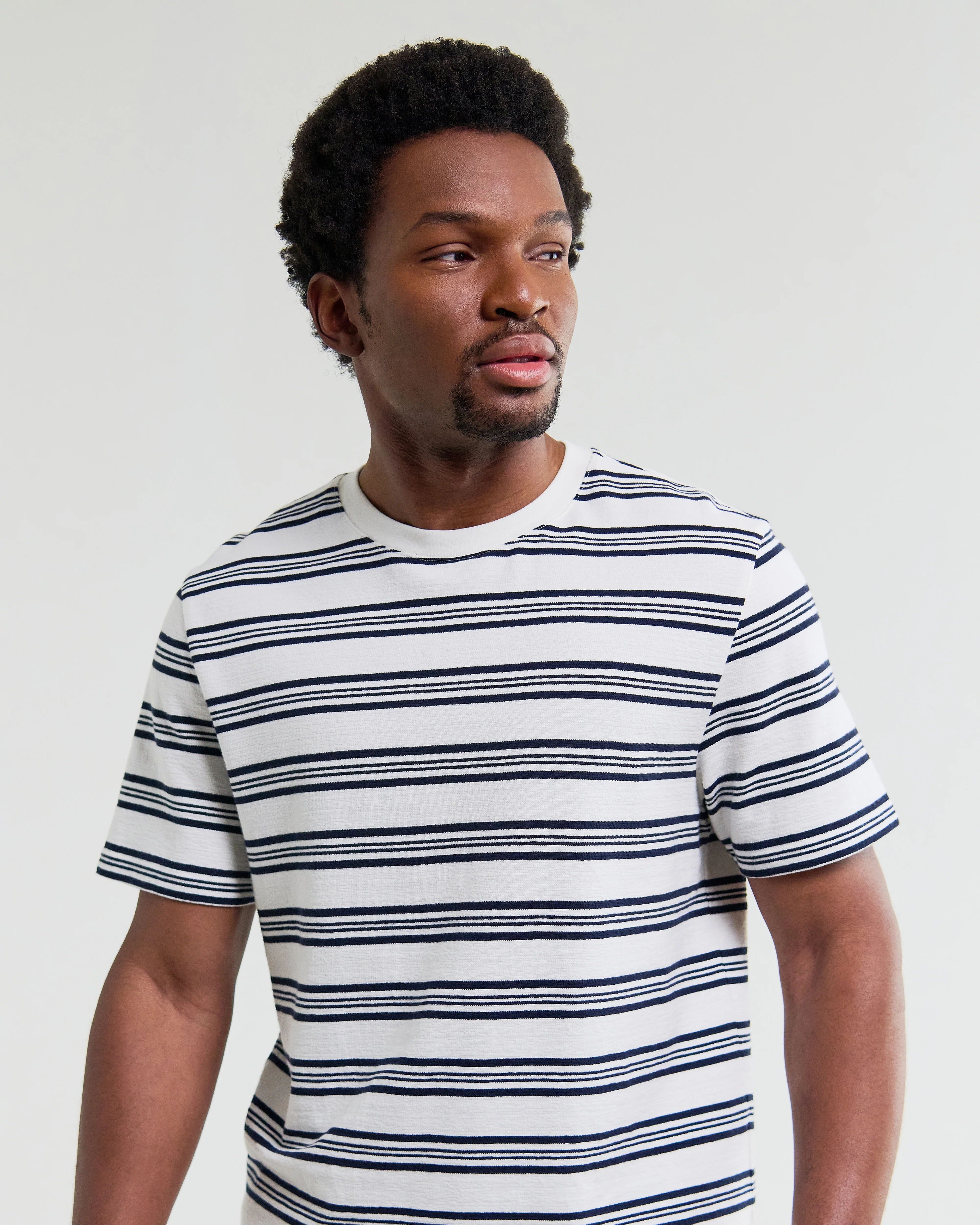 Dean - Ecru And Navy Textured Stripe Organic Cotton T-Shirt - Image 4
