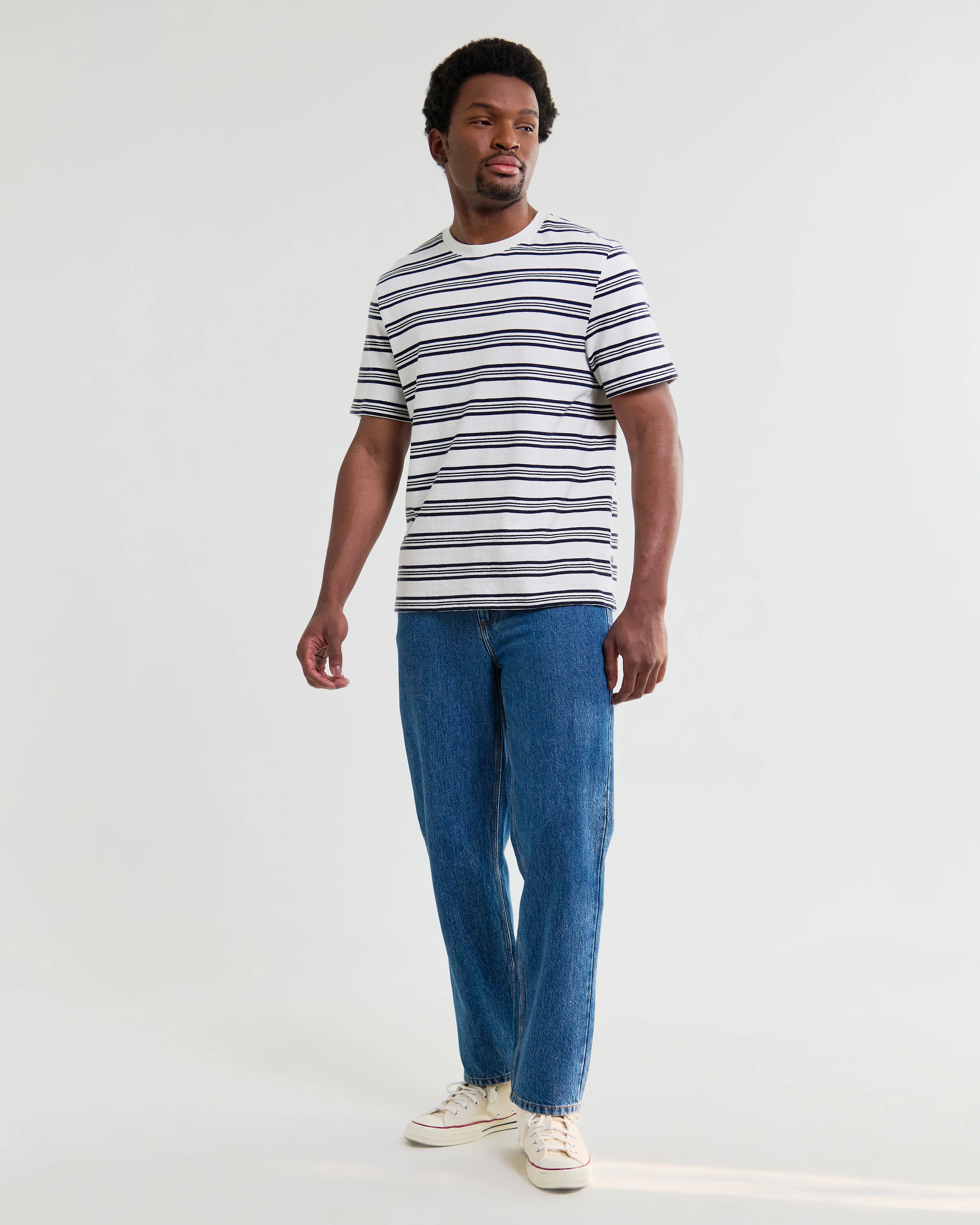 Dean - Ecru And Navy Textured Stripe Organic Cotton T-Shirt - Image 5