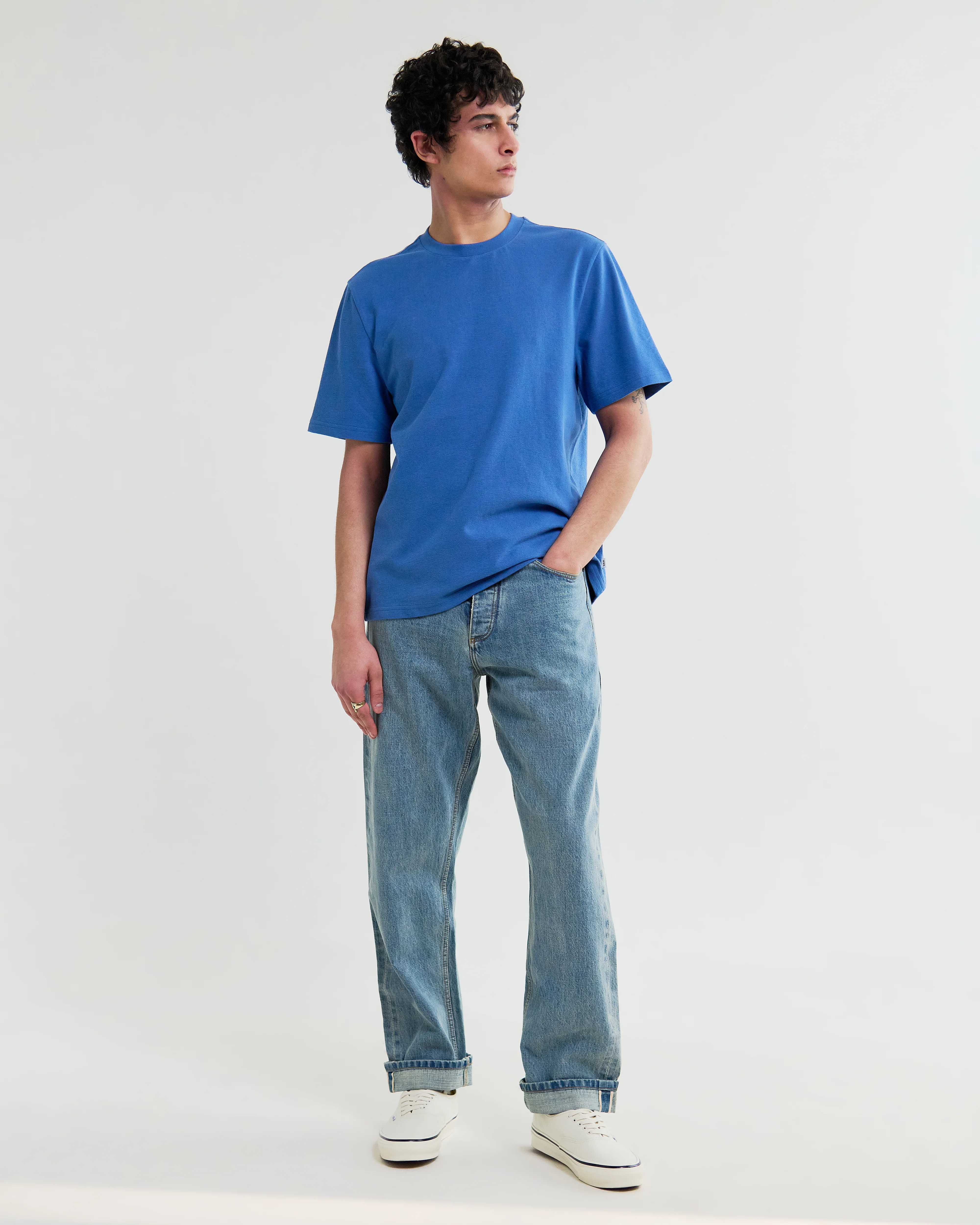Dean - French Blue Textured Organic Cotton T-Shirt - Image 4