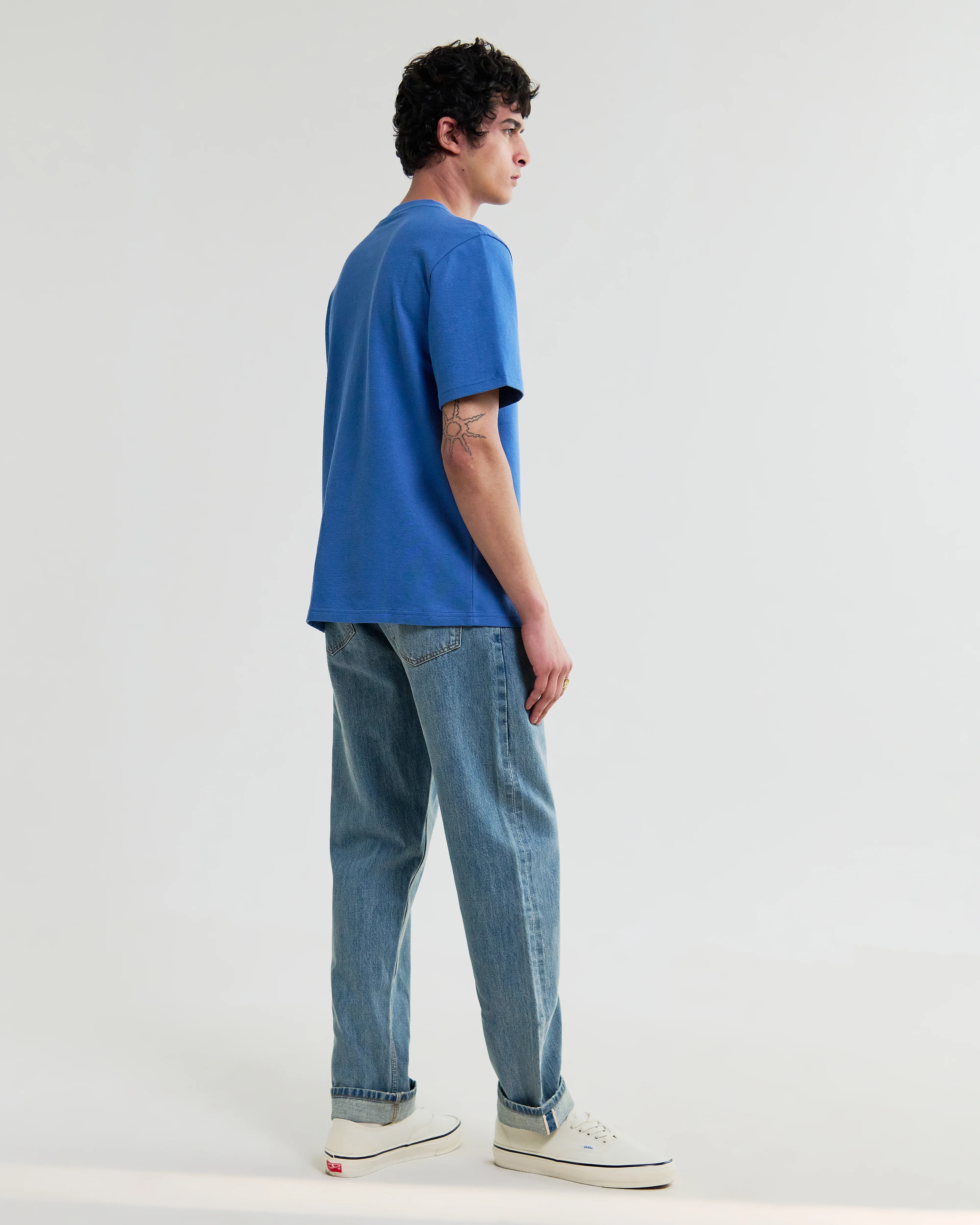 Dean - French Blue Textured Organic Cotton T-Shirt - Image 5