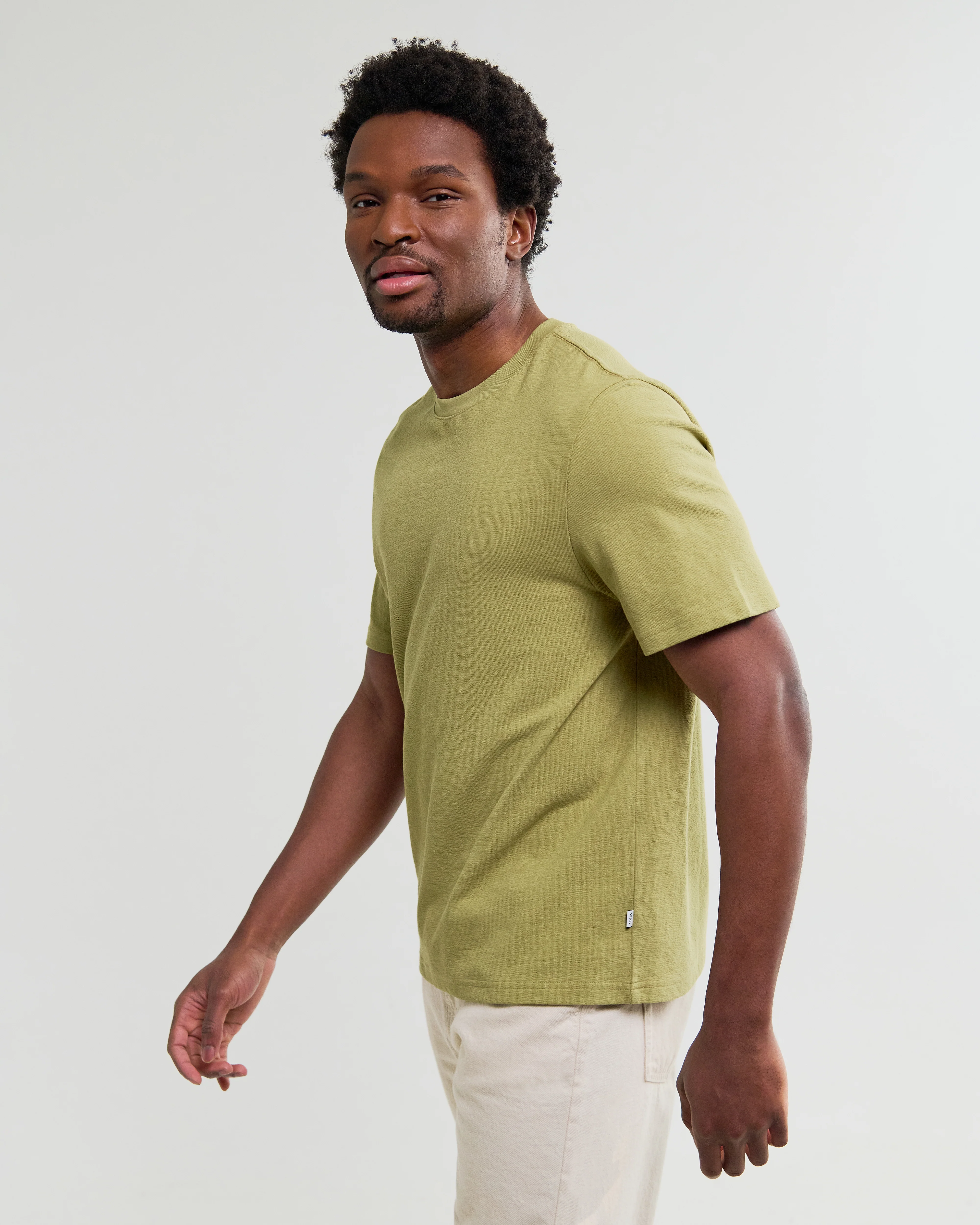 Dean - Lime Khaki Textured Organic Cotton T-Shirt - Image 2