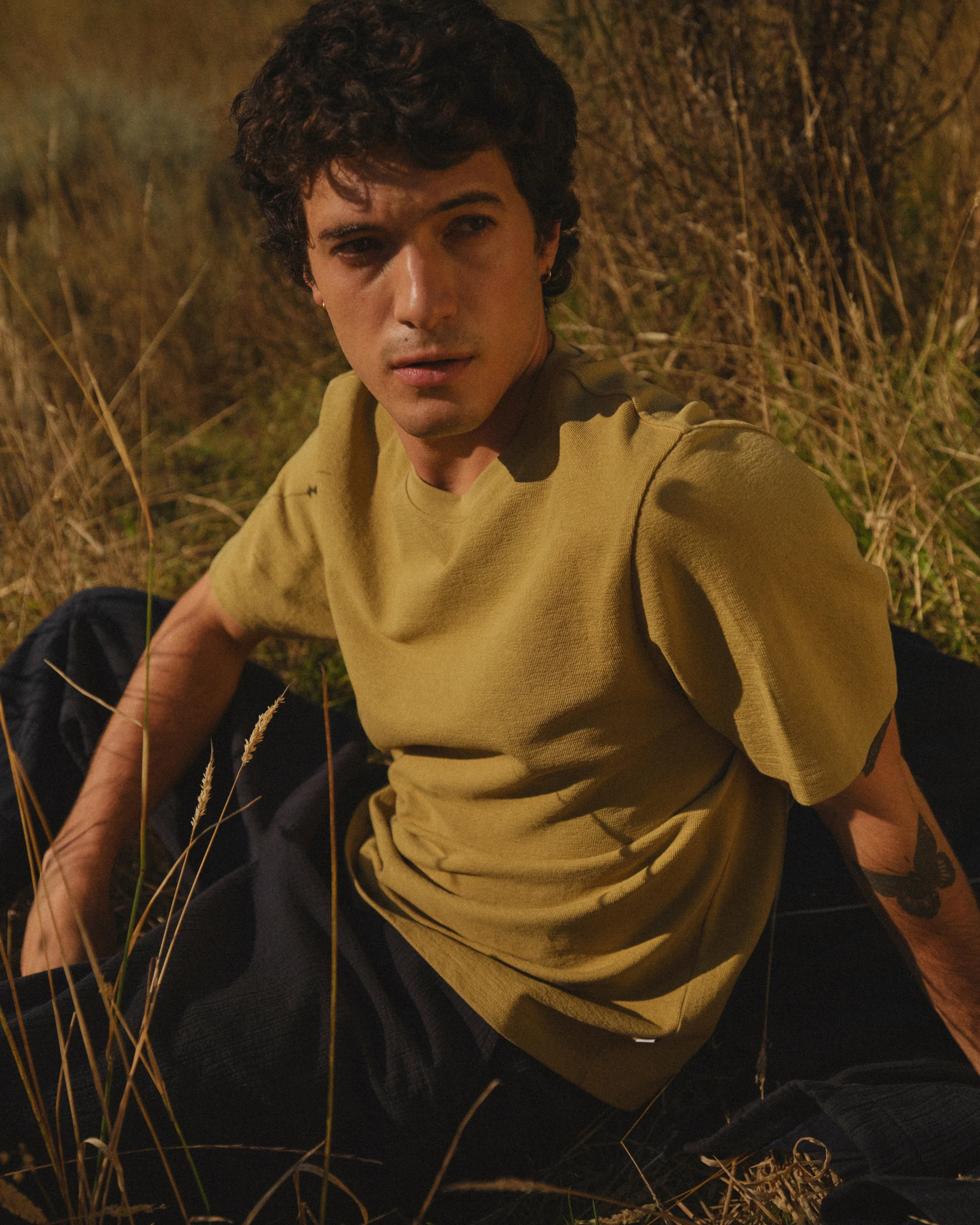 Dean - Lime Khaki Textured Organic Cotton T-Shirt - Image 3