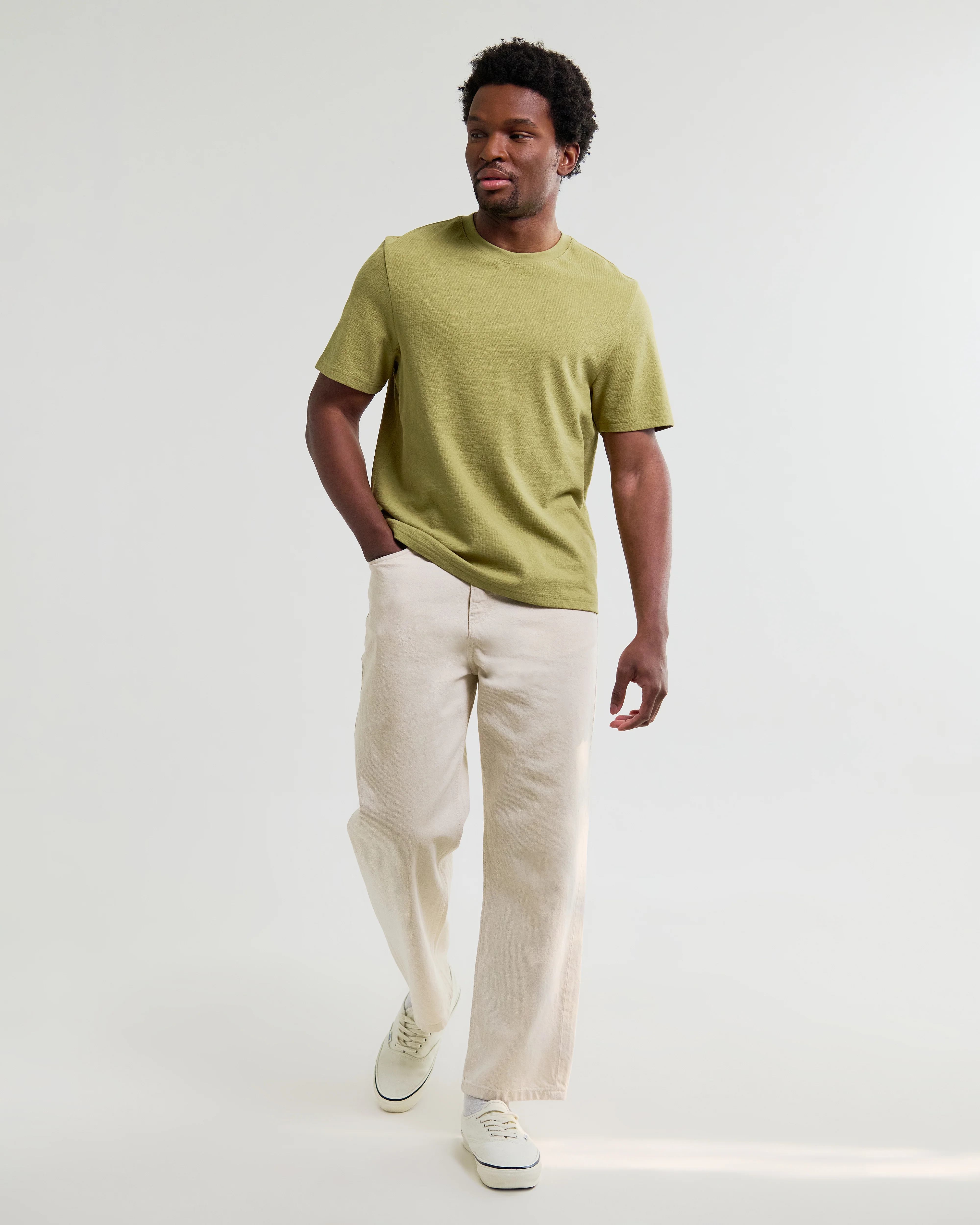 Dean - Lime Khaki Textured Organic Cotton T-Shirt - Image 4