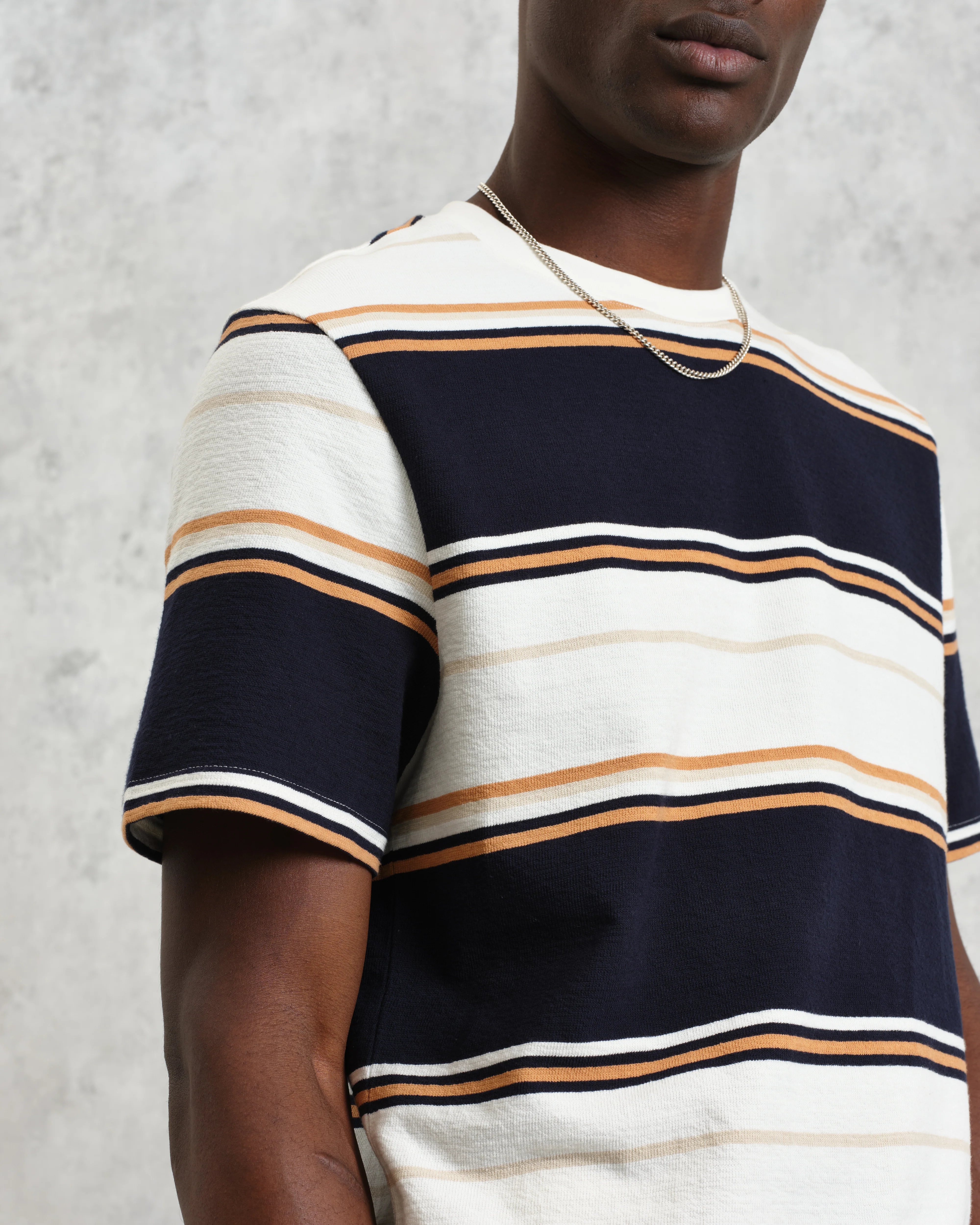 Dean - Navy And Ecru Stripe Textured Organic Cotton T-Shirt - Image 3