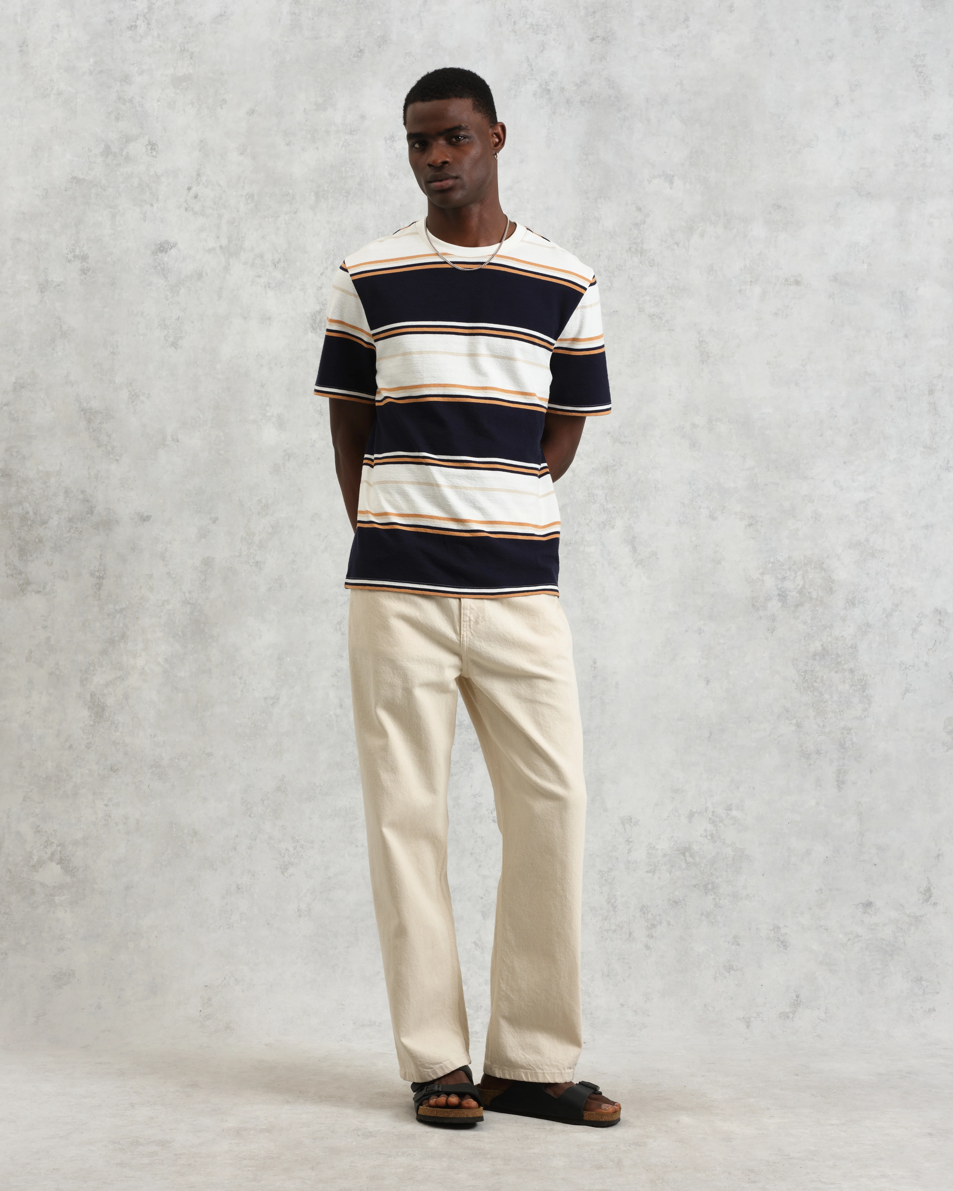 Dean - Navy And Ecru Stripe Textured Organic Cotton T-Shirt - Image 4