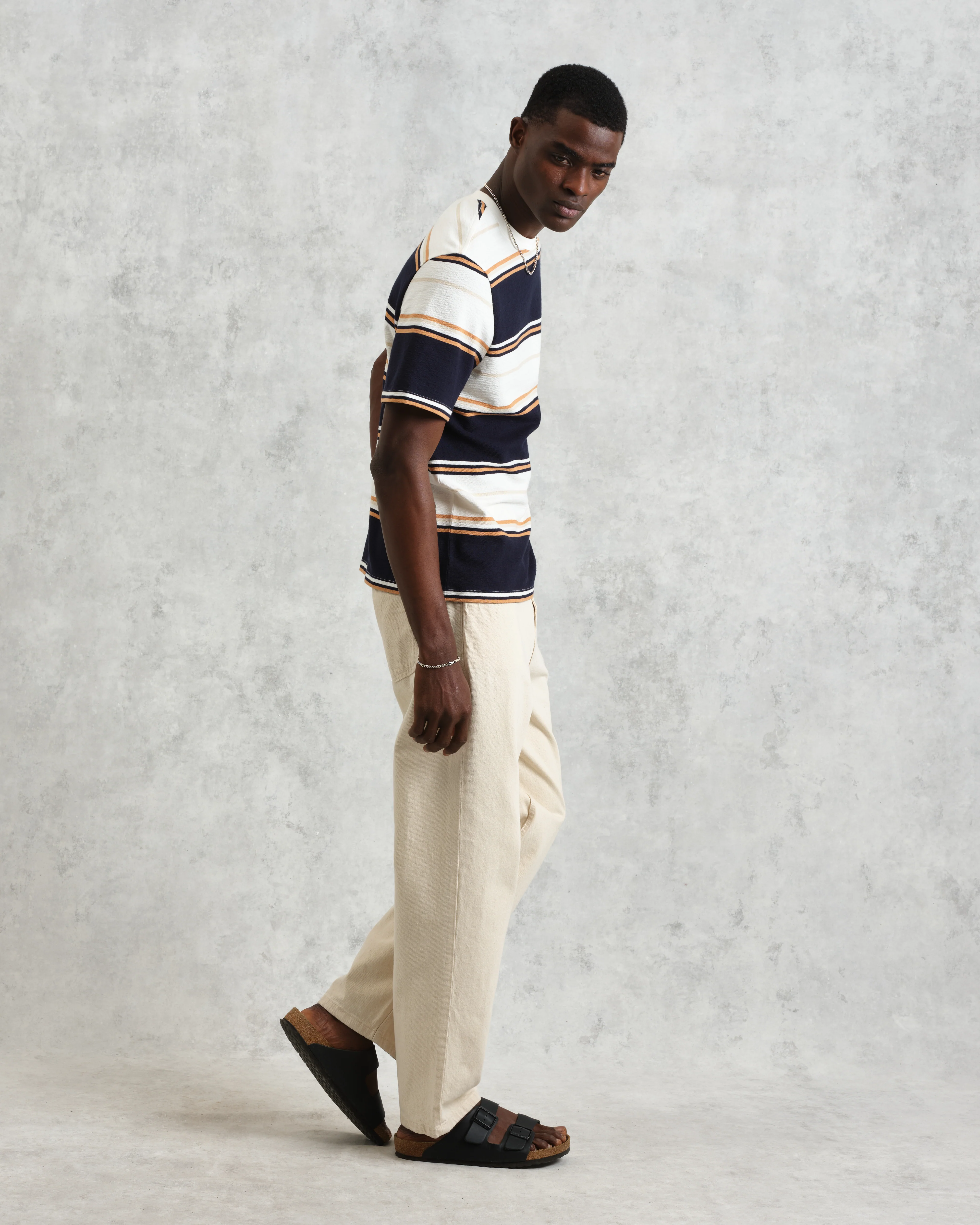 Dean - Navy And Ecru Stripe Textured Organic Cotton T-Shirt - Image 5