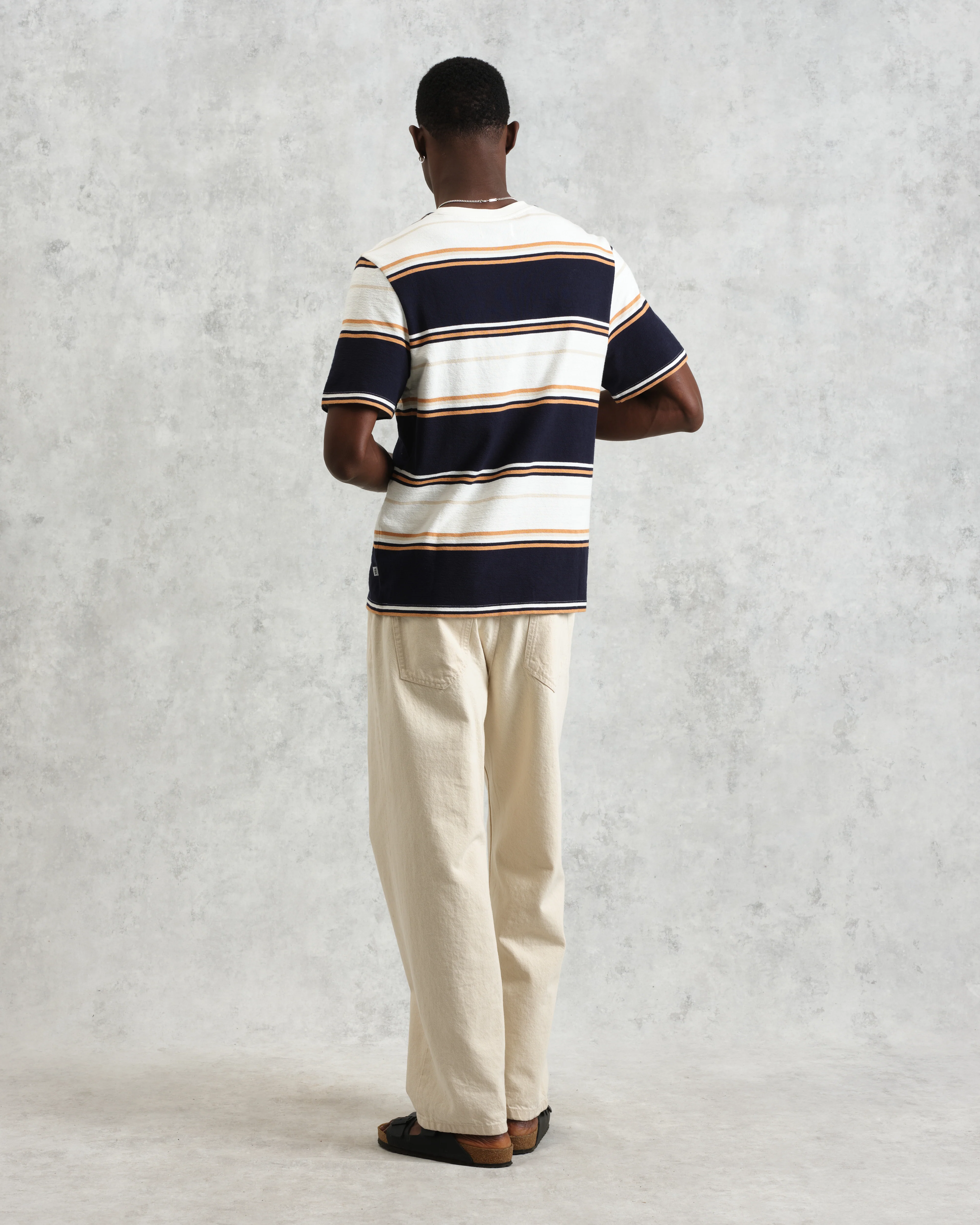 Dean - Navy And Ecru Stripe Textured Organic Cotton T-Shirt - Image 6