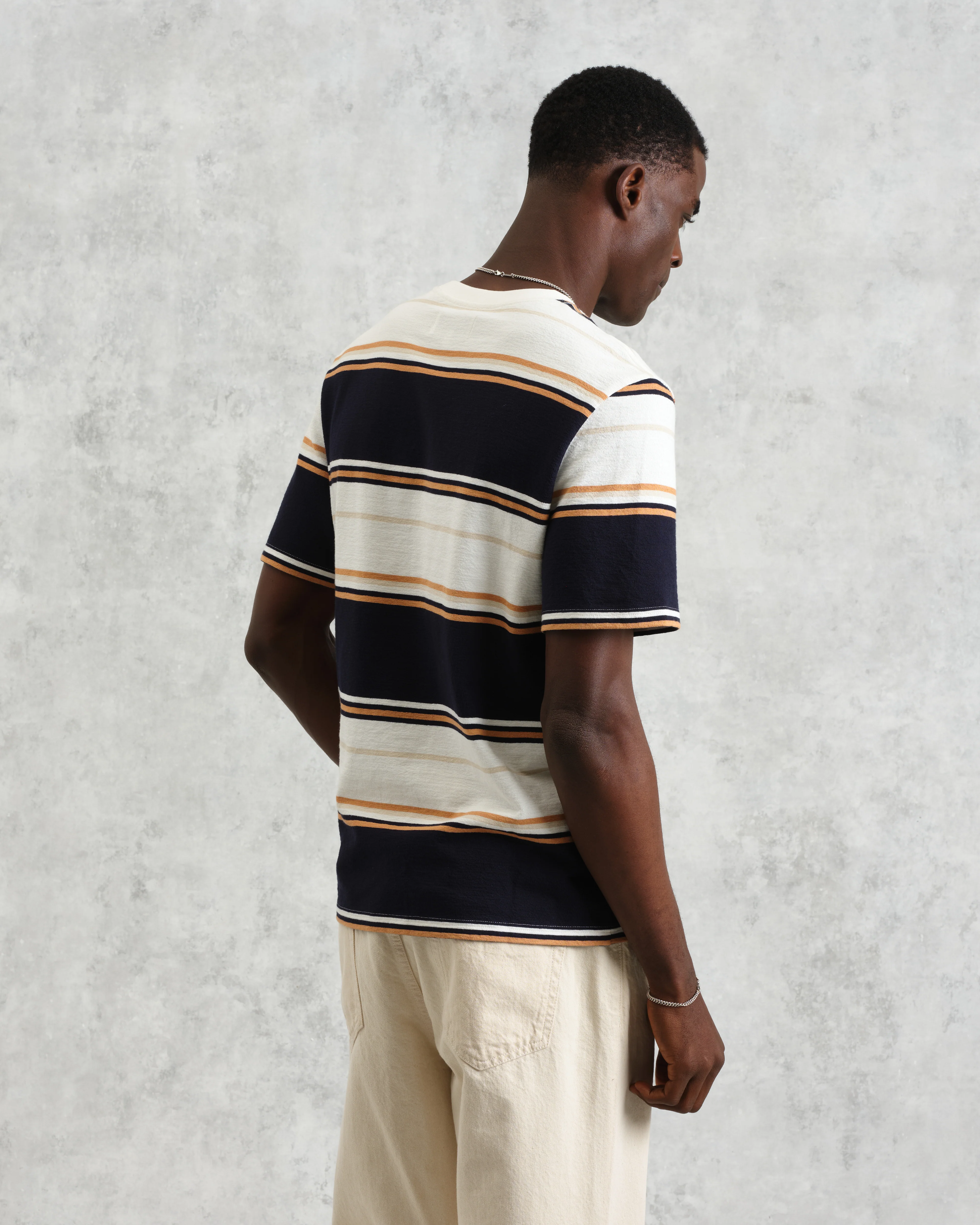 Dean - Navy And Ecru Stripe Textured Organic Cotton T-Shirt - Image 7