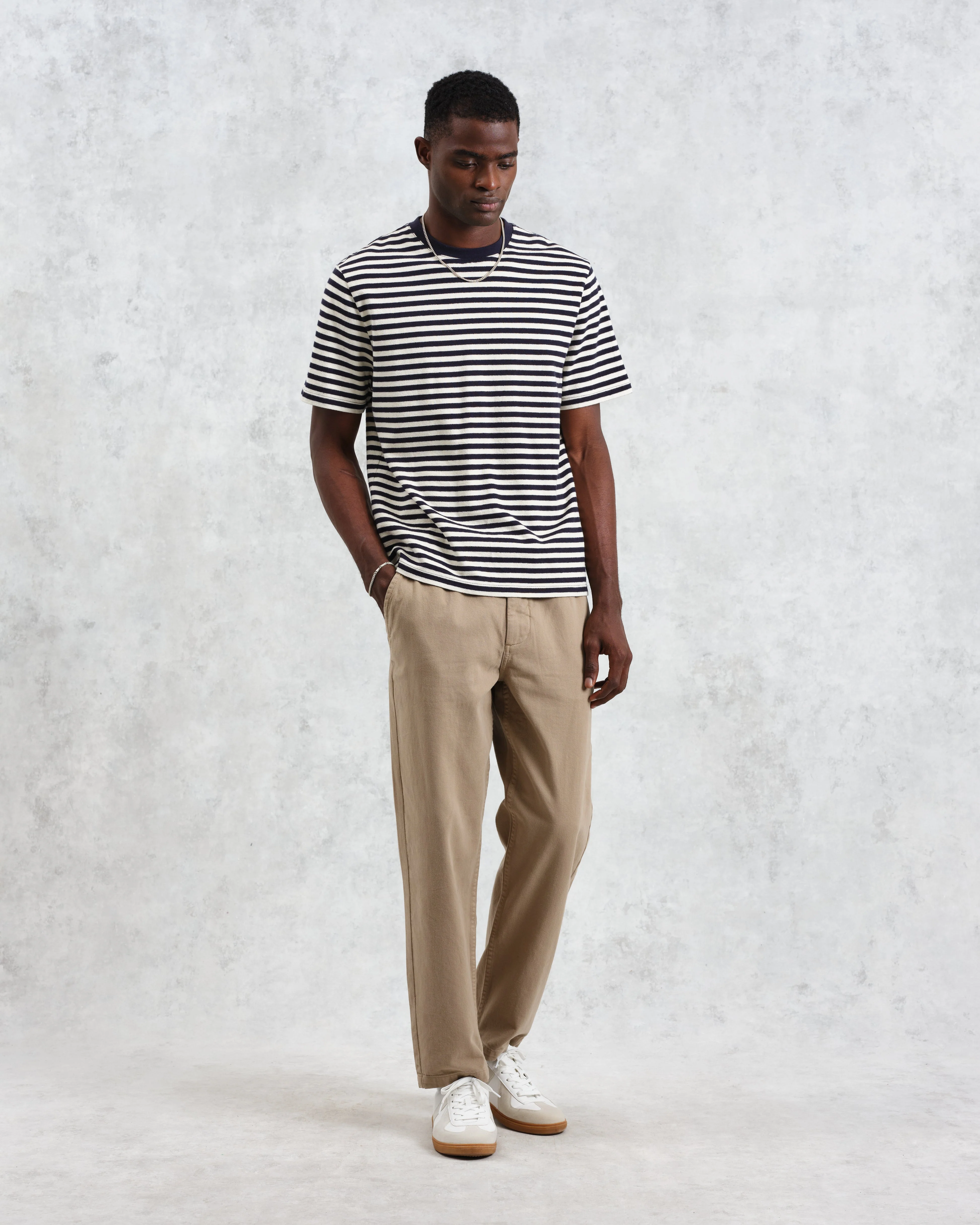 Dean - Navy/Ecru Striped Textured Organic Cotton T-Shirt - Image 4