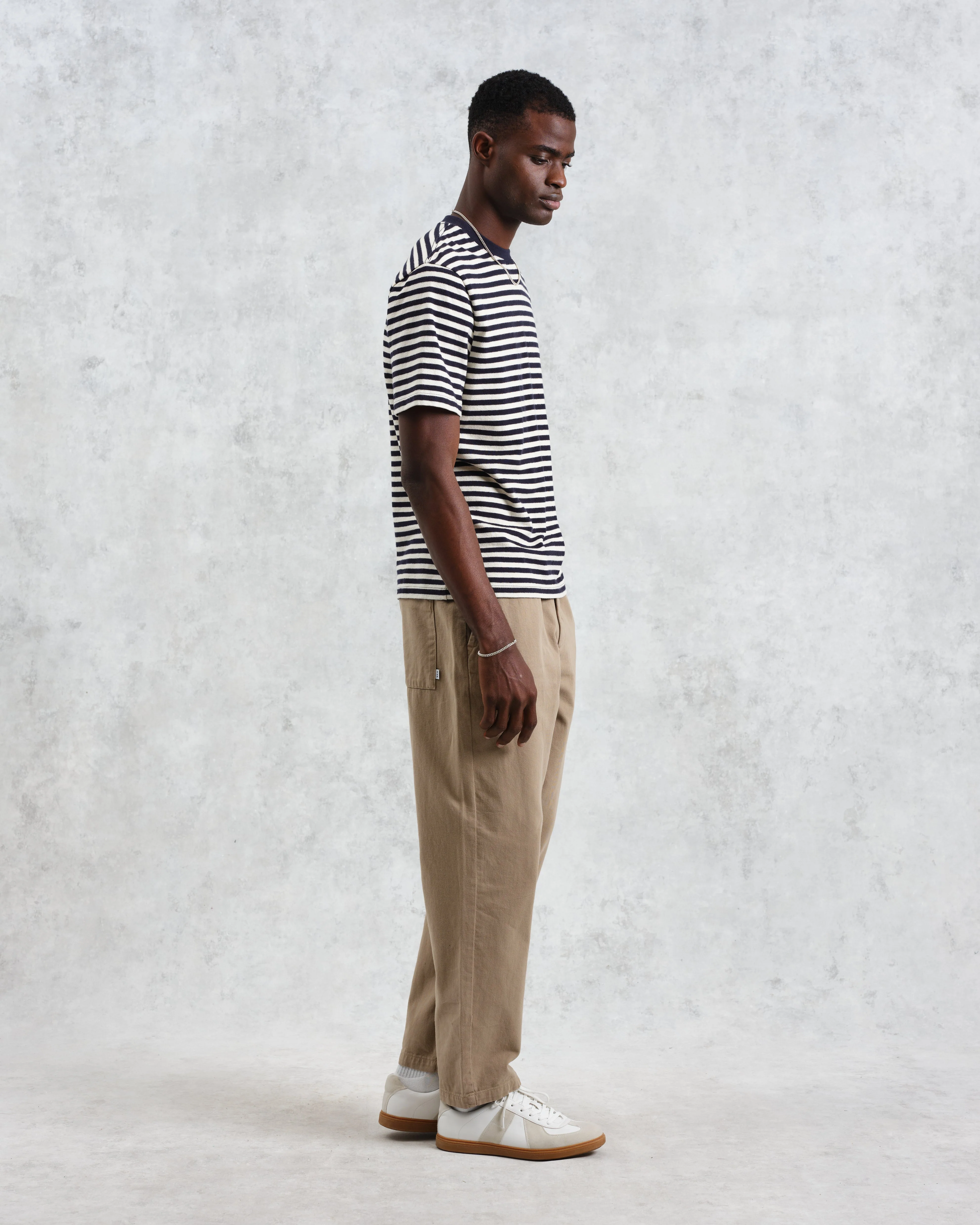 Dean - Navy/Ecru Striped Textured Organic Cotton T-Shirt - Image 5