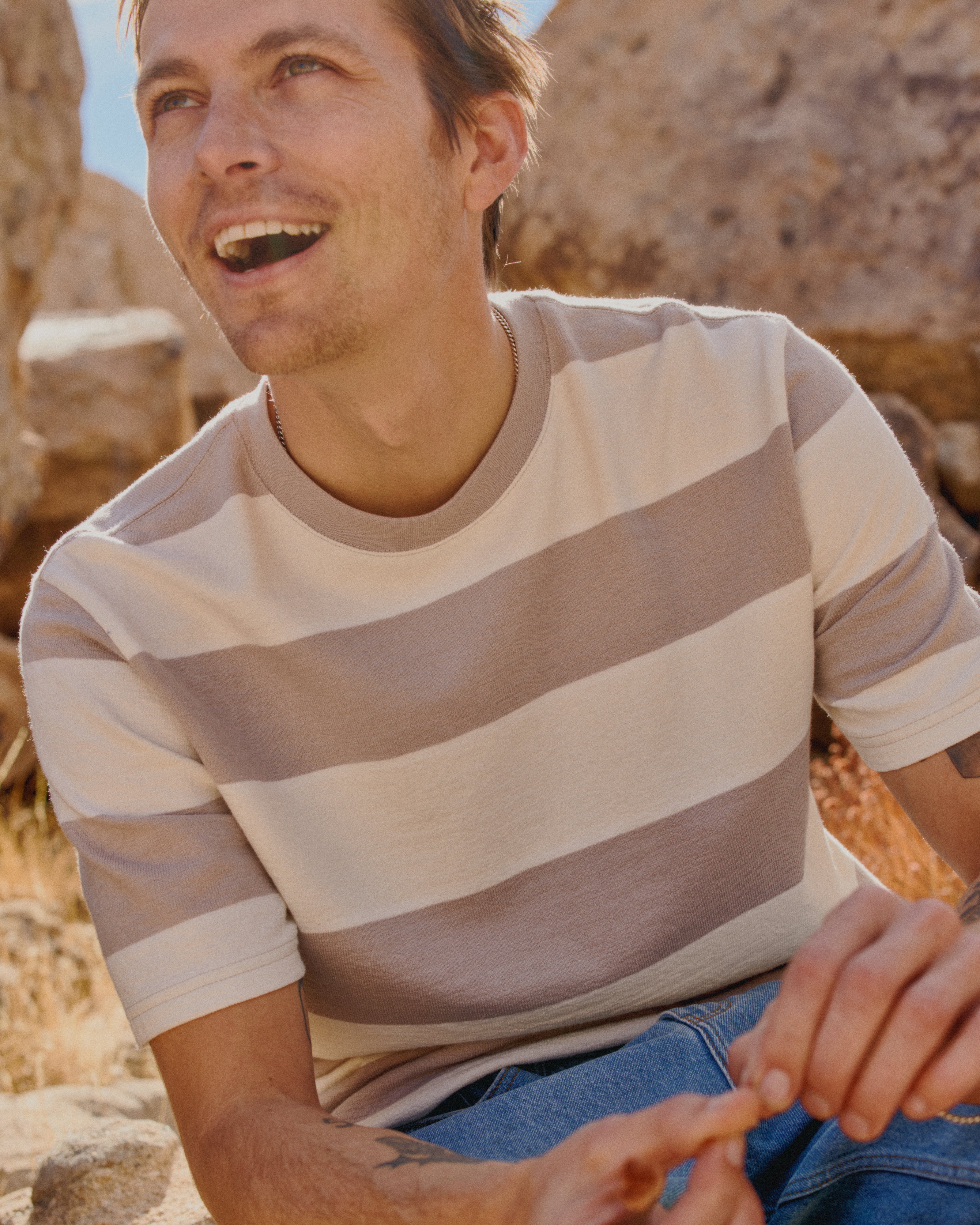 Dean - Taupe Grey And Ecru Stripe Textured Organic Cotton T-Shirt - Image 2