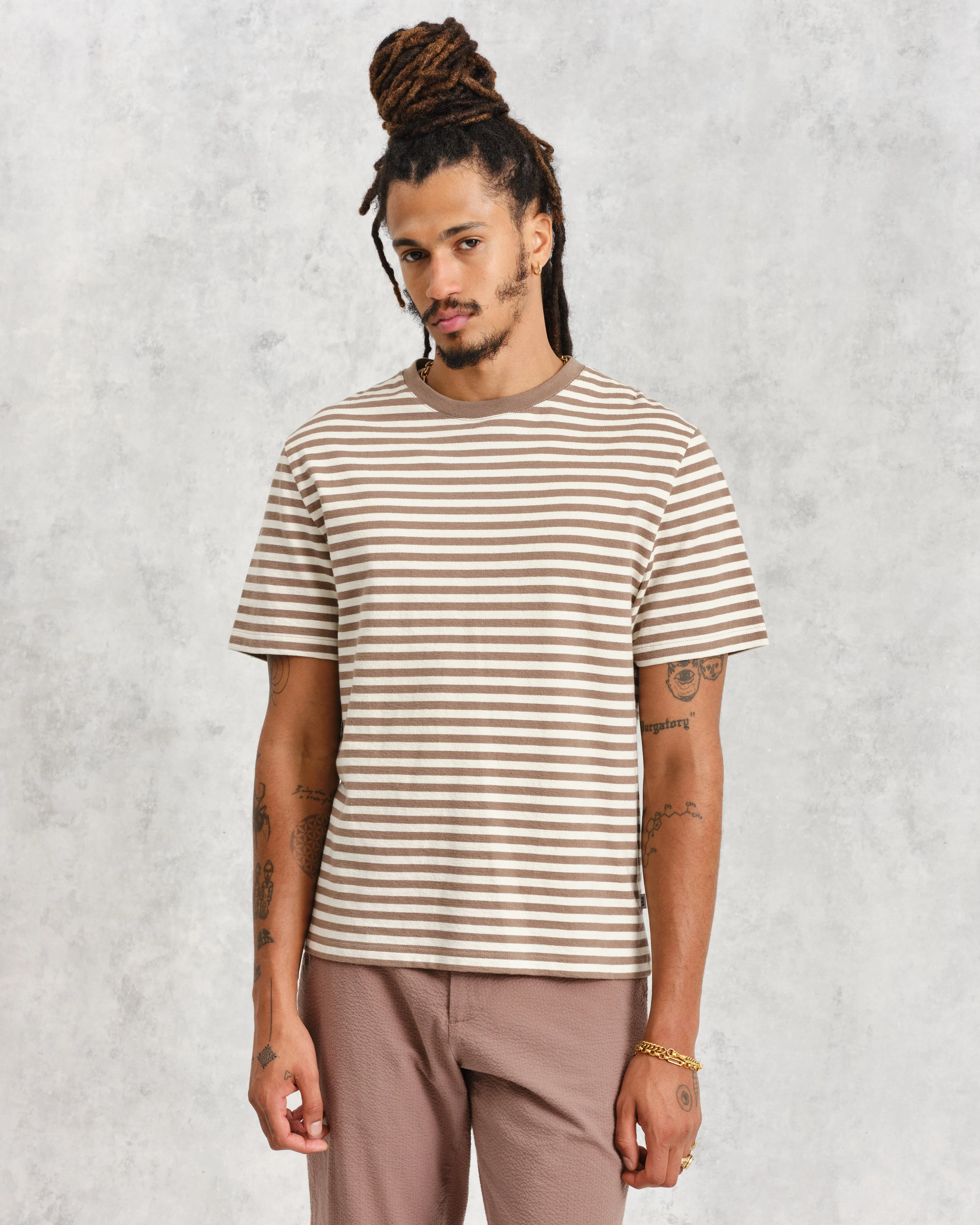 Dean - Walnut/Ecru Striped Textured Organic Cotton T-Shirt - Image 2