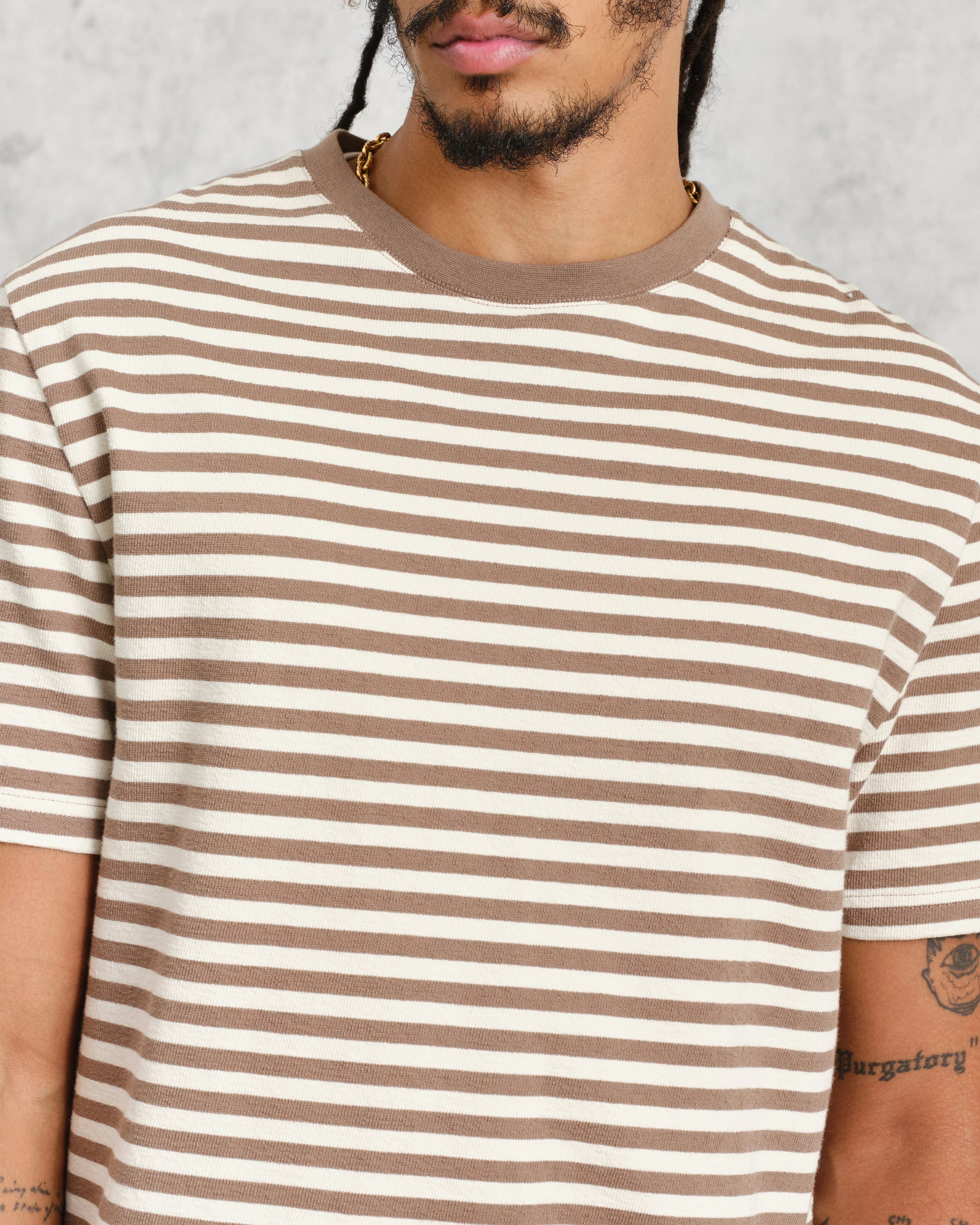 Dean - Walnut/Ecru Striped Textured Organic Cotton T-Shirt - Image 3
