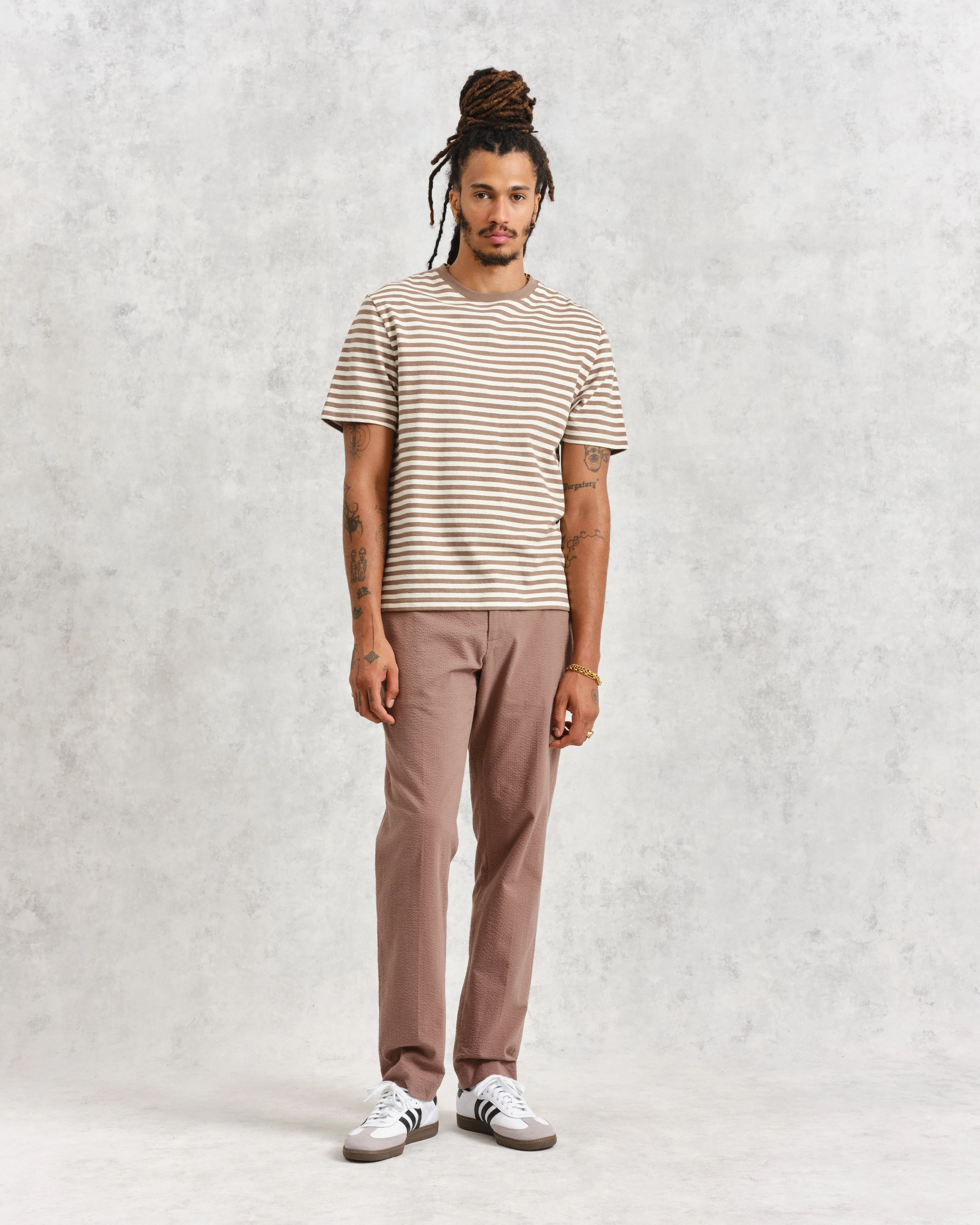 Dean - Walnut/Ecru Striped Textured Organic Cotton T-Shirt - Image 4