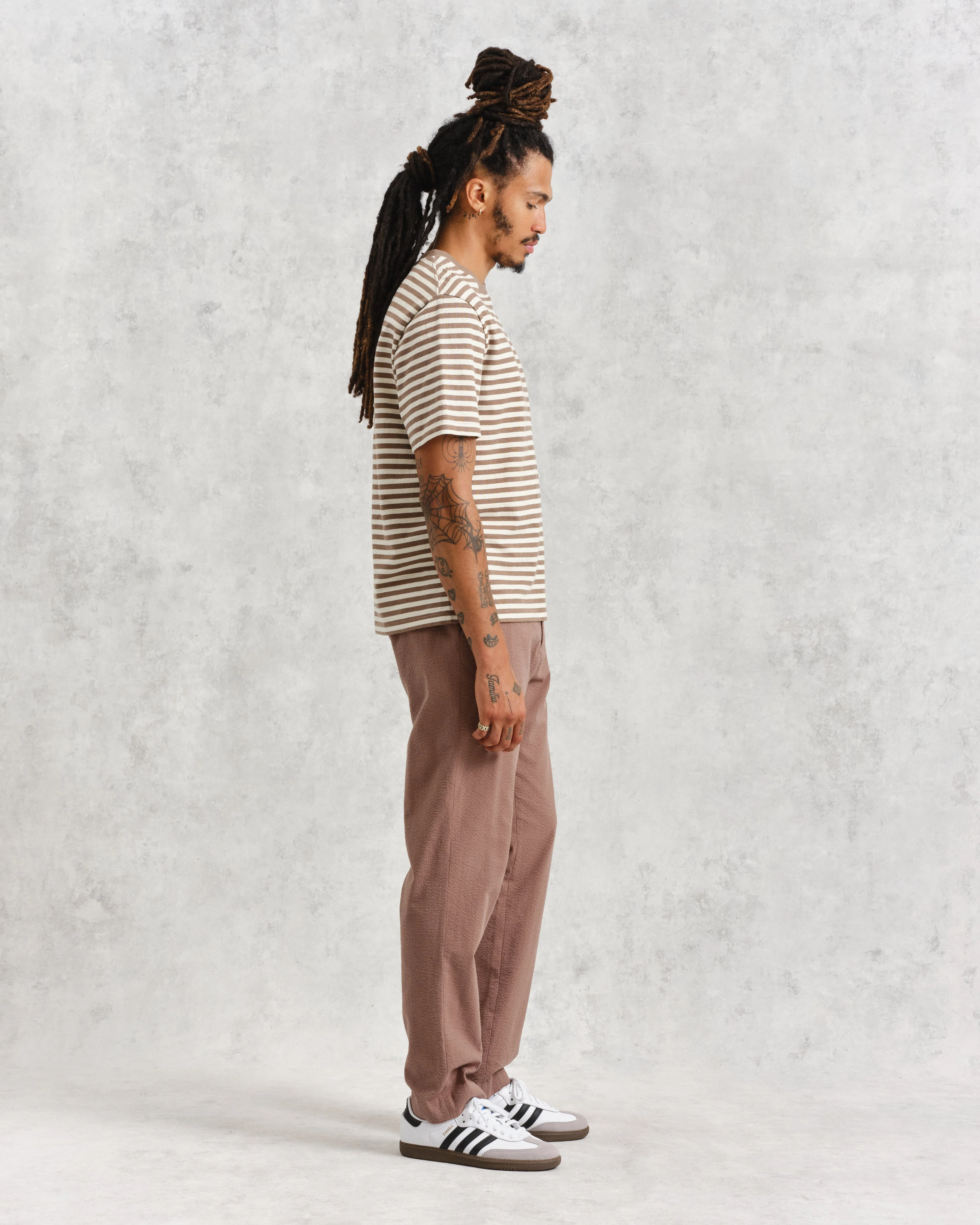 Dean - Walnut/Ecru Striped Textured Organic Cotton T-Shirt - Image 5