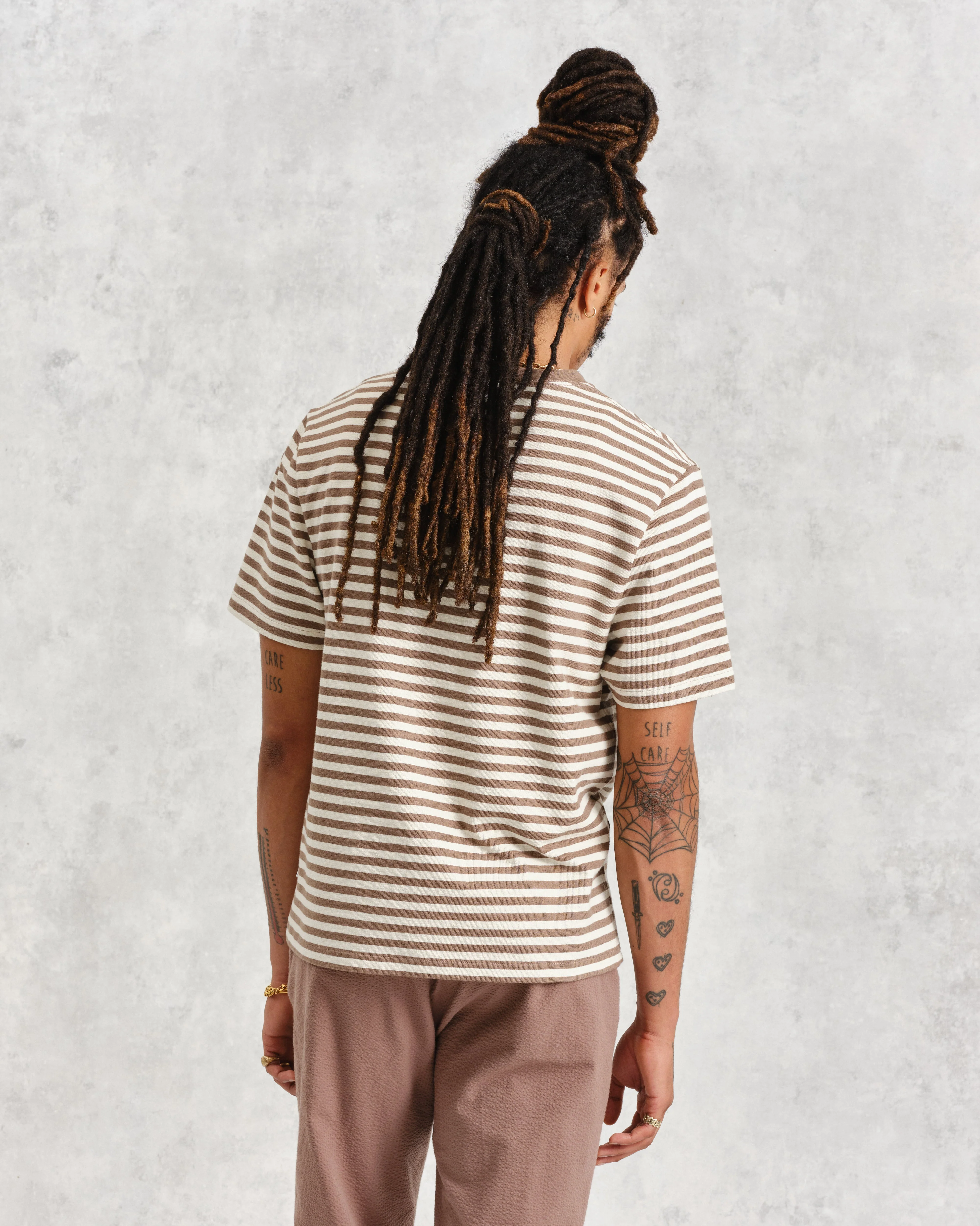 Dean - Walnut/Ecru Striped Textured Organic Cotton T-Shirt - Image 6
