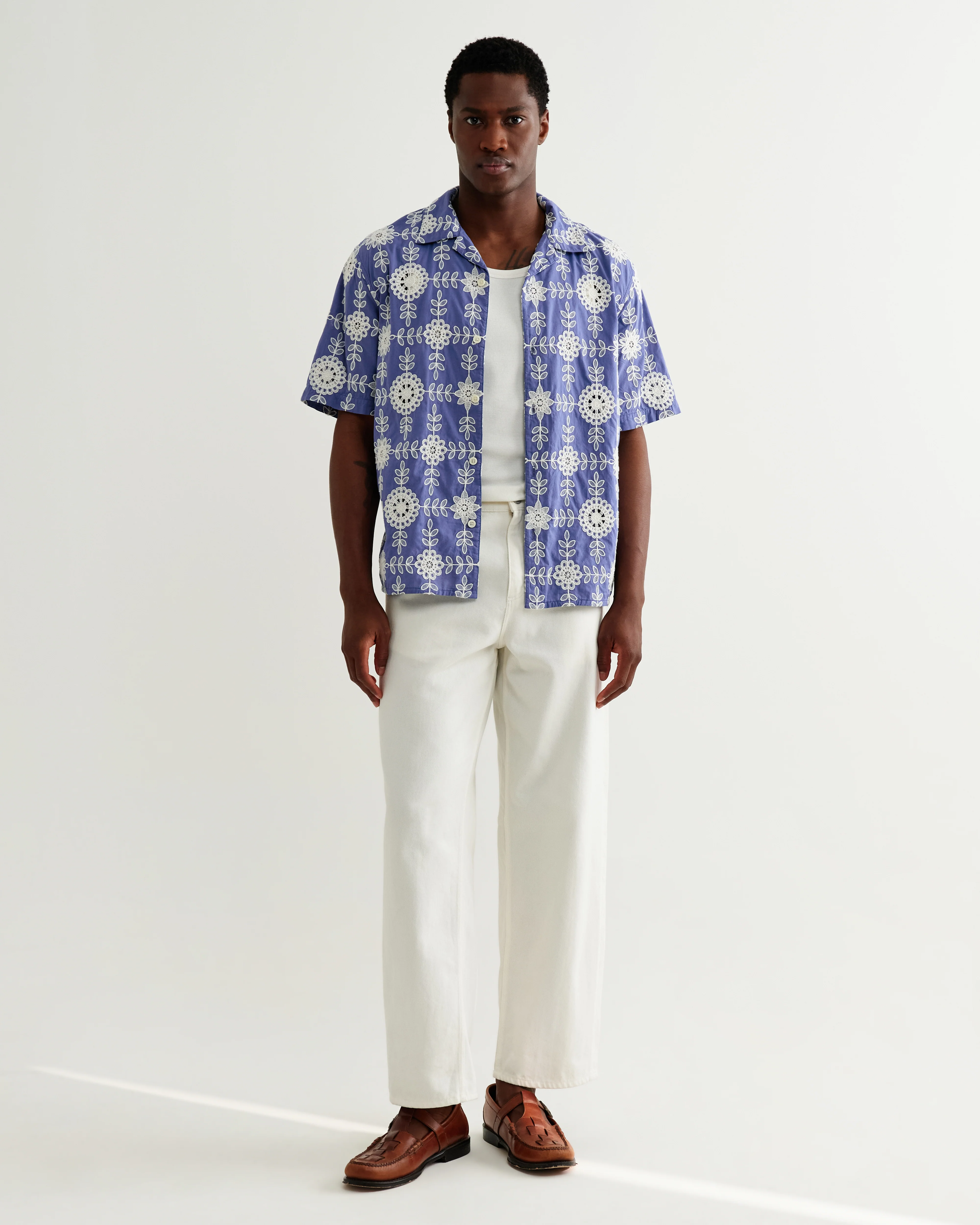 Didcot - Blue And Ecru Corded Lace Short-Sleeve Shirt - Image 4