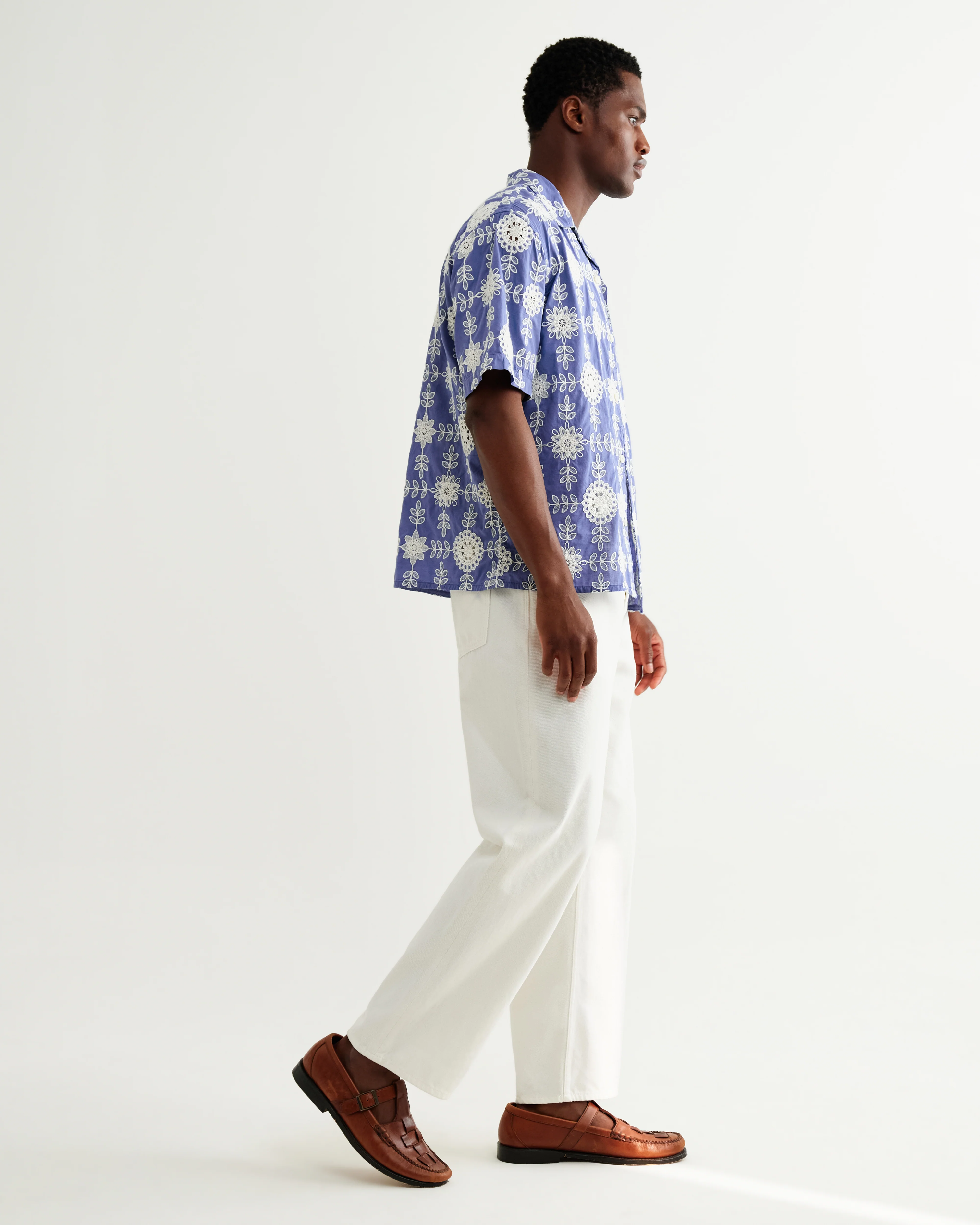 Didcot - Blue And Ecru Corded Lace Short-Sleeve Shirt - Image 5