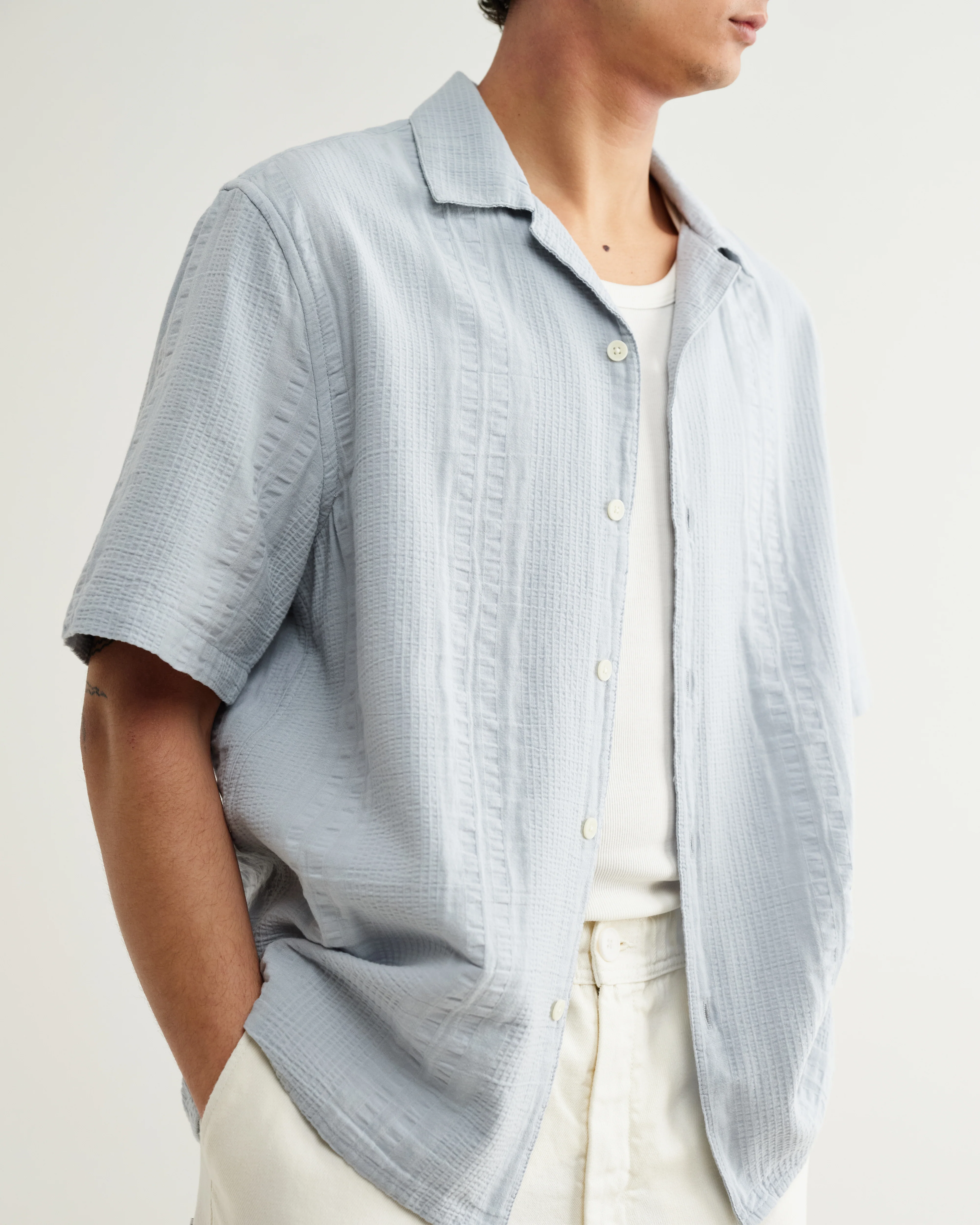 Didcot - Blue Double-Weave Seersucker Short-Sleeve Shirt - Image 3
