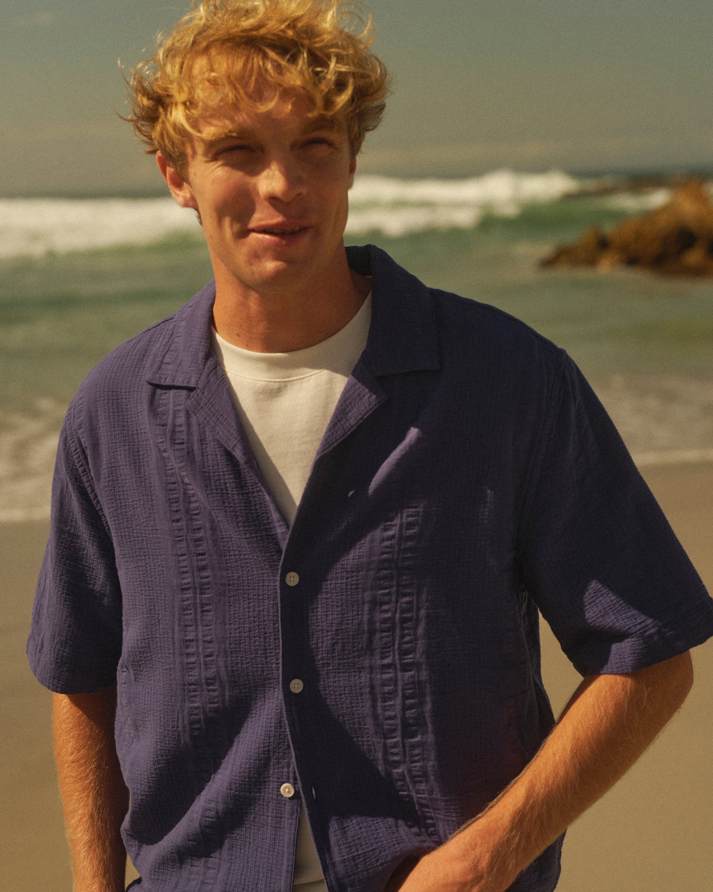 Didcot - Dark Blue Double-Weave Seersucker Short-Sleeve Shirt - Image 3