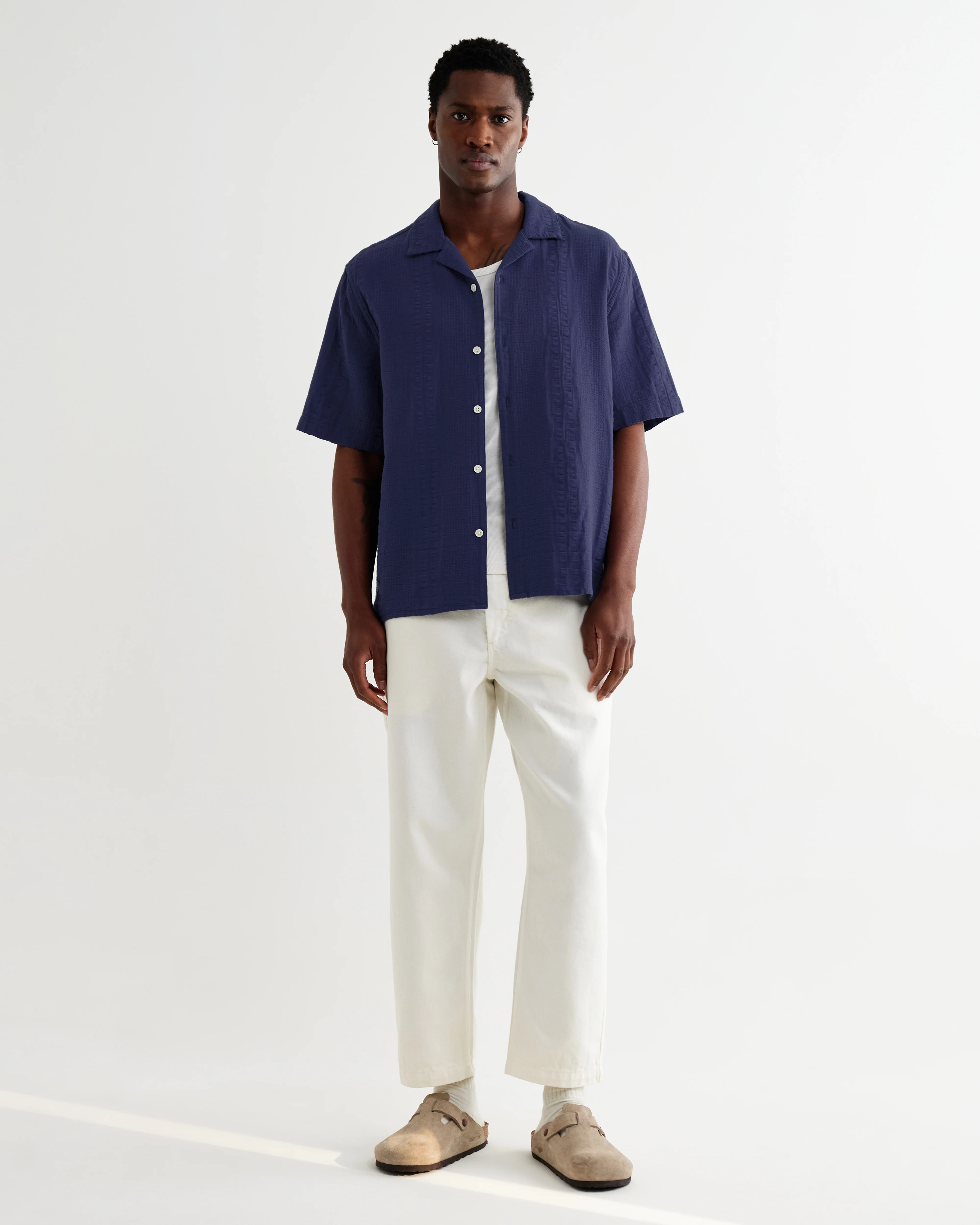 Didcot - Dark Blue Double-Weave Seersucker Short-Sleeve Shirt - Image 5