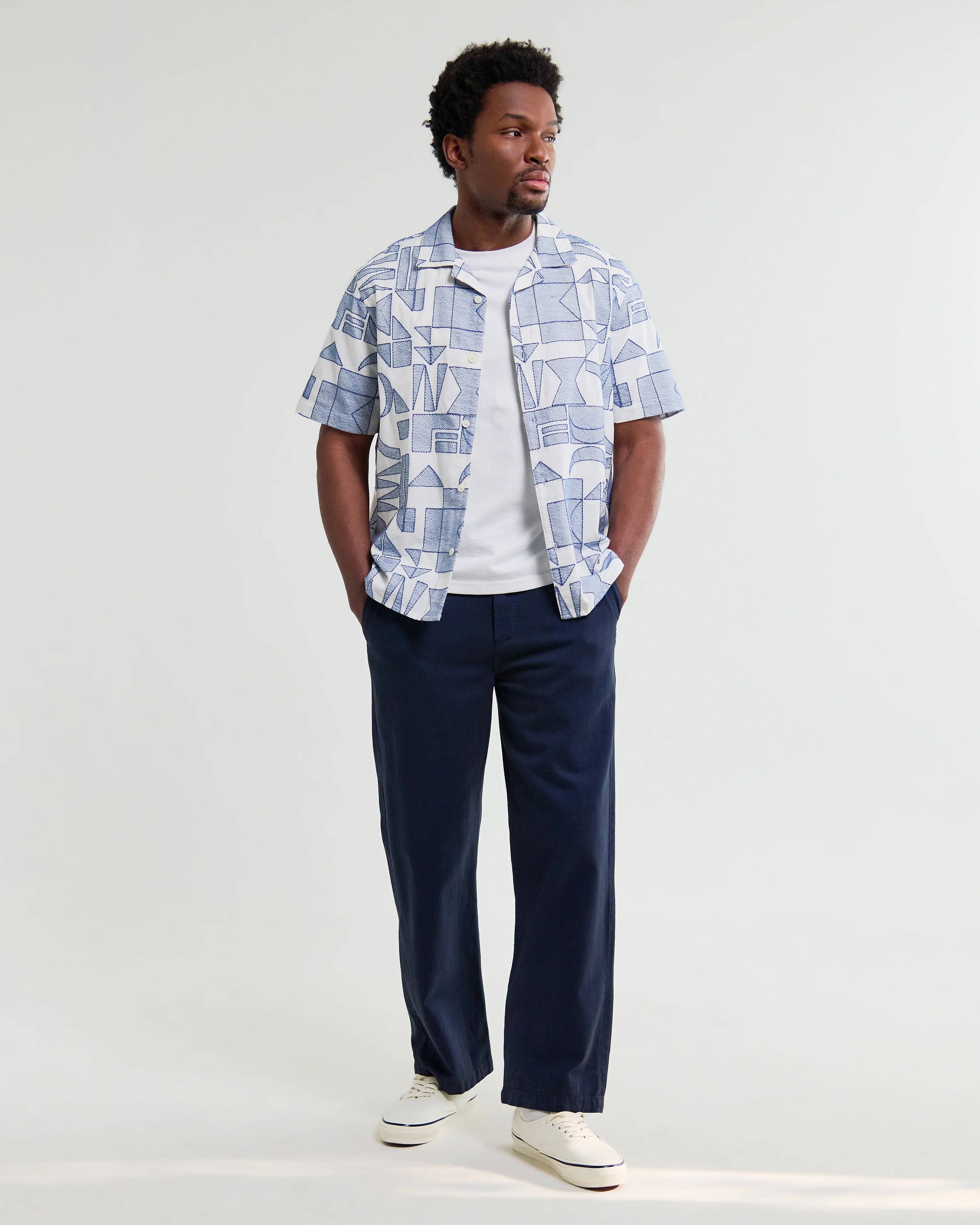 Didcot - Ecru And Blue Geometric Embroidered Short-Sleeve Shirt - Image 3