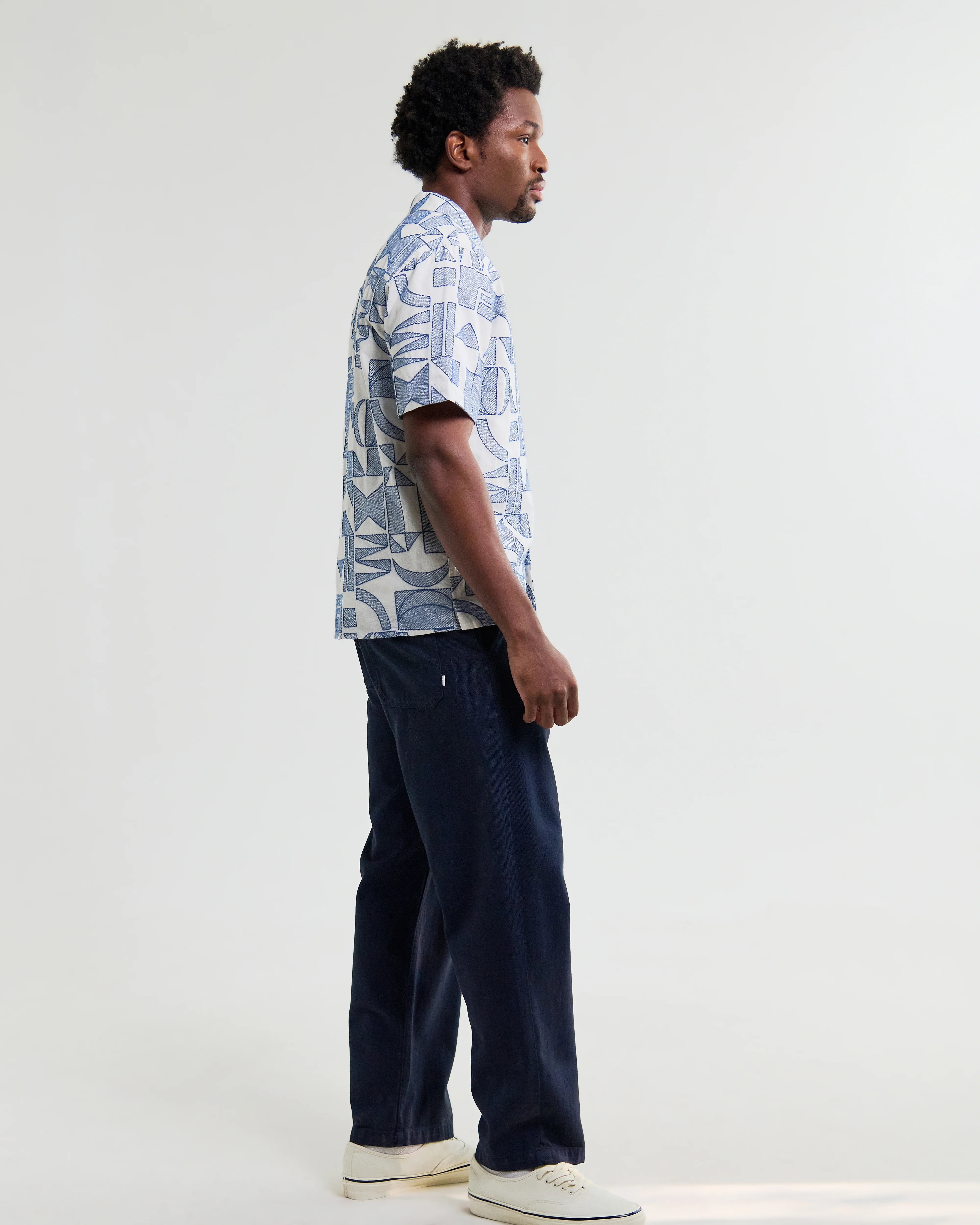 Didcot - Ecru And Blue Geometric Embroidered Short-Sleeve Shirt - Image 4