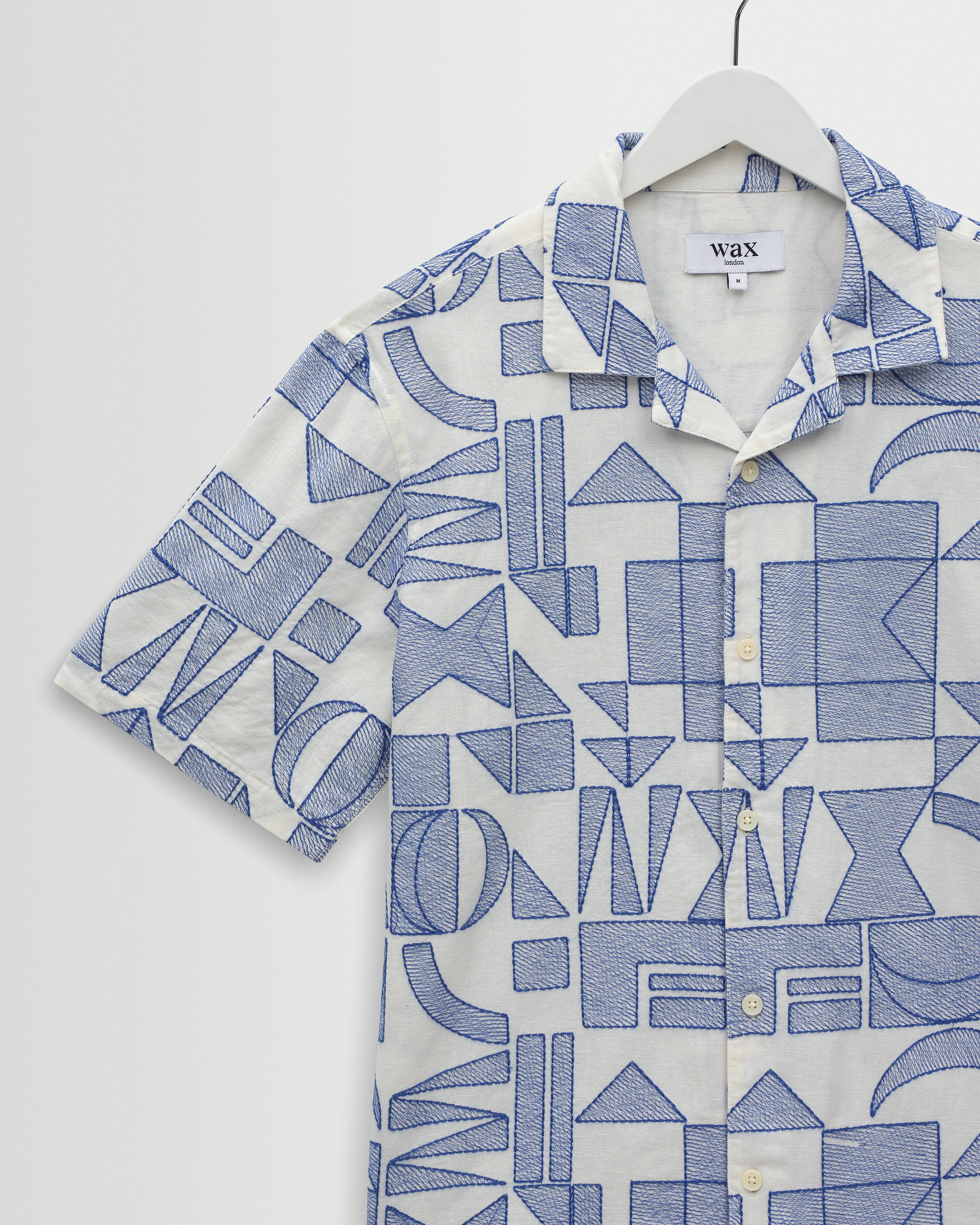 Didcot - Ecru And Blue Geometric Embroidered Short-Sleeve Shirt - Image 7