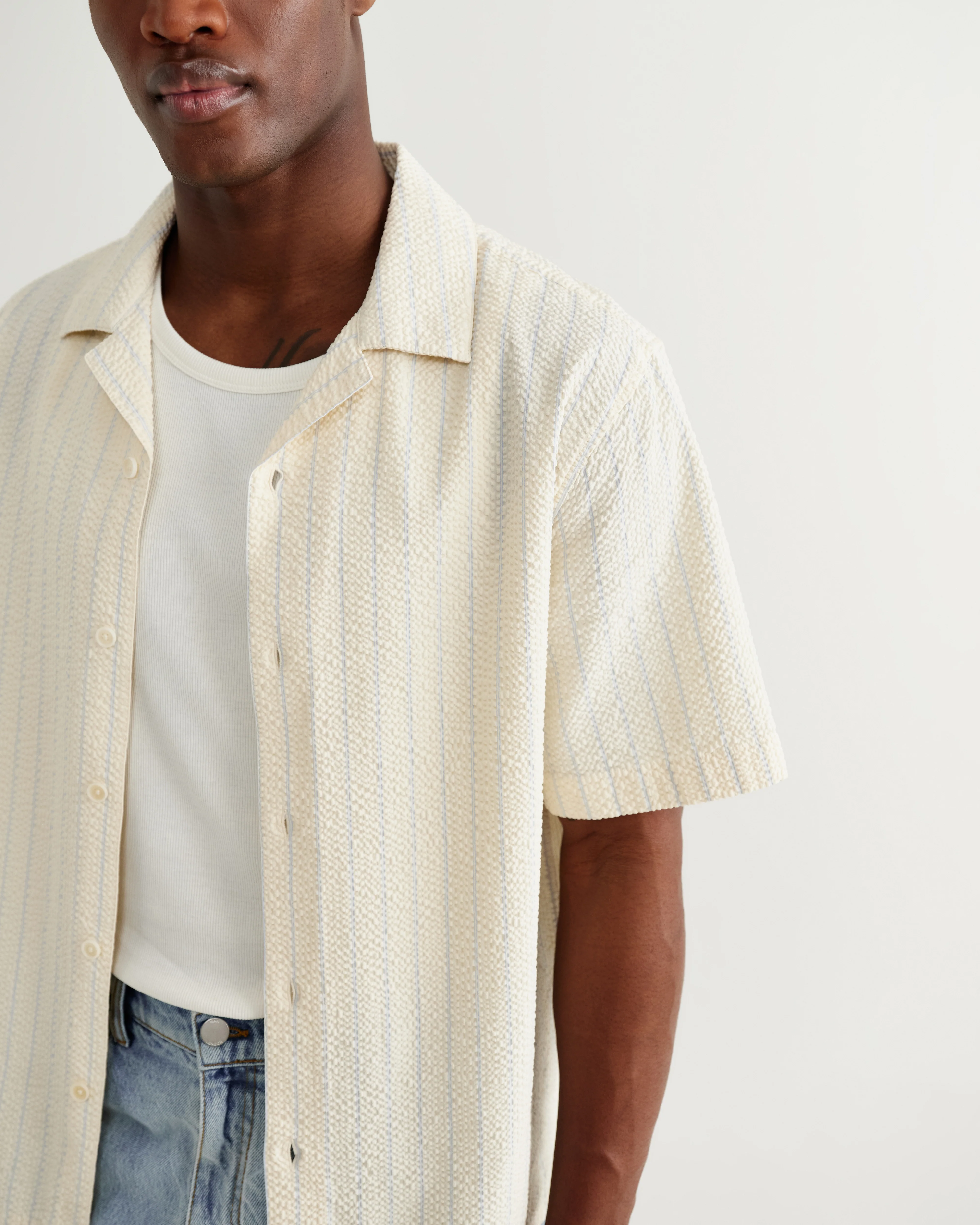Didcot - Ecru And Blue Seersucker Stripe Short-Sleeve Shirt - Image 3