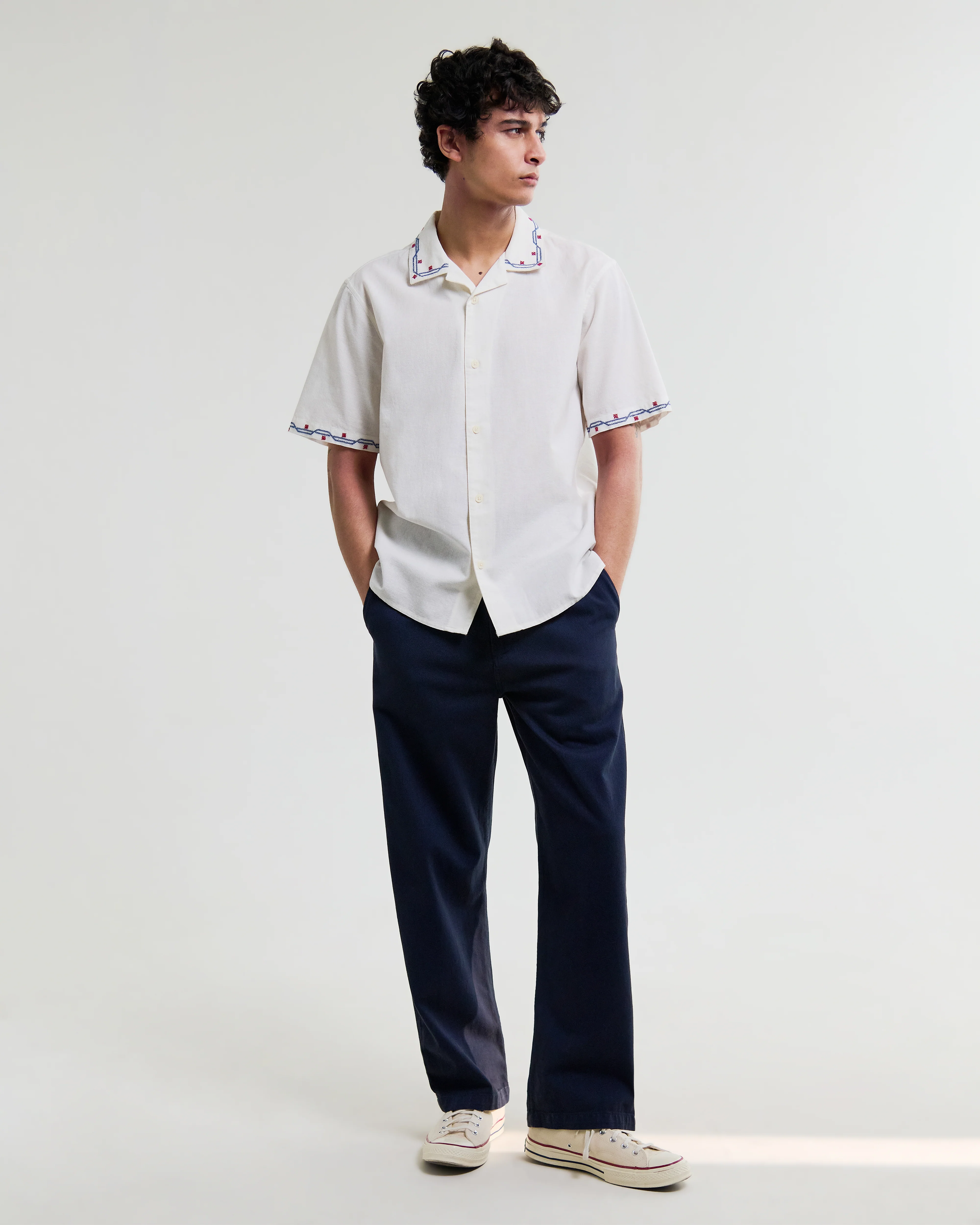 Didcot - Ecru Cross-Stitch Border Short-Sleeve Shirt - Image 4