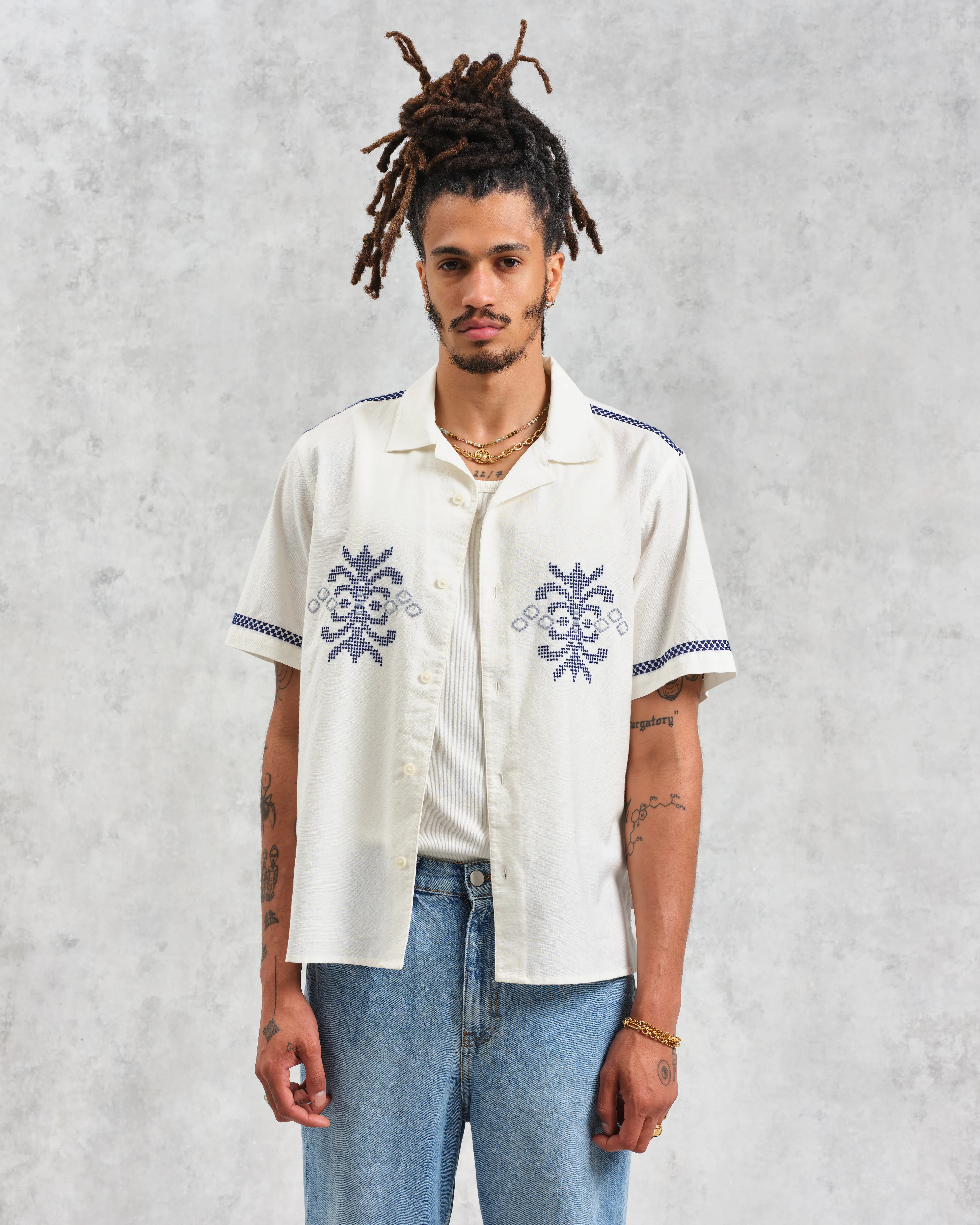 Didcot - Ecru Motif Embroidered Short-Sleeve Shirt - Image 3
