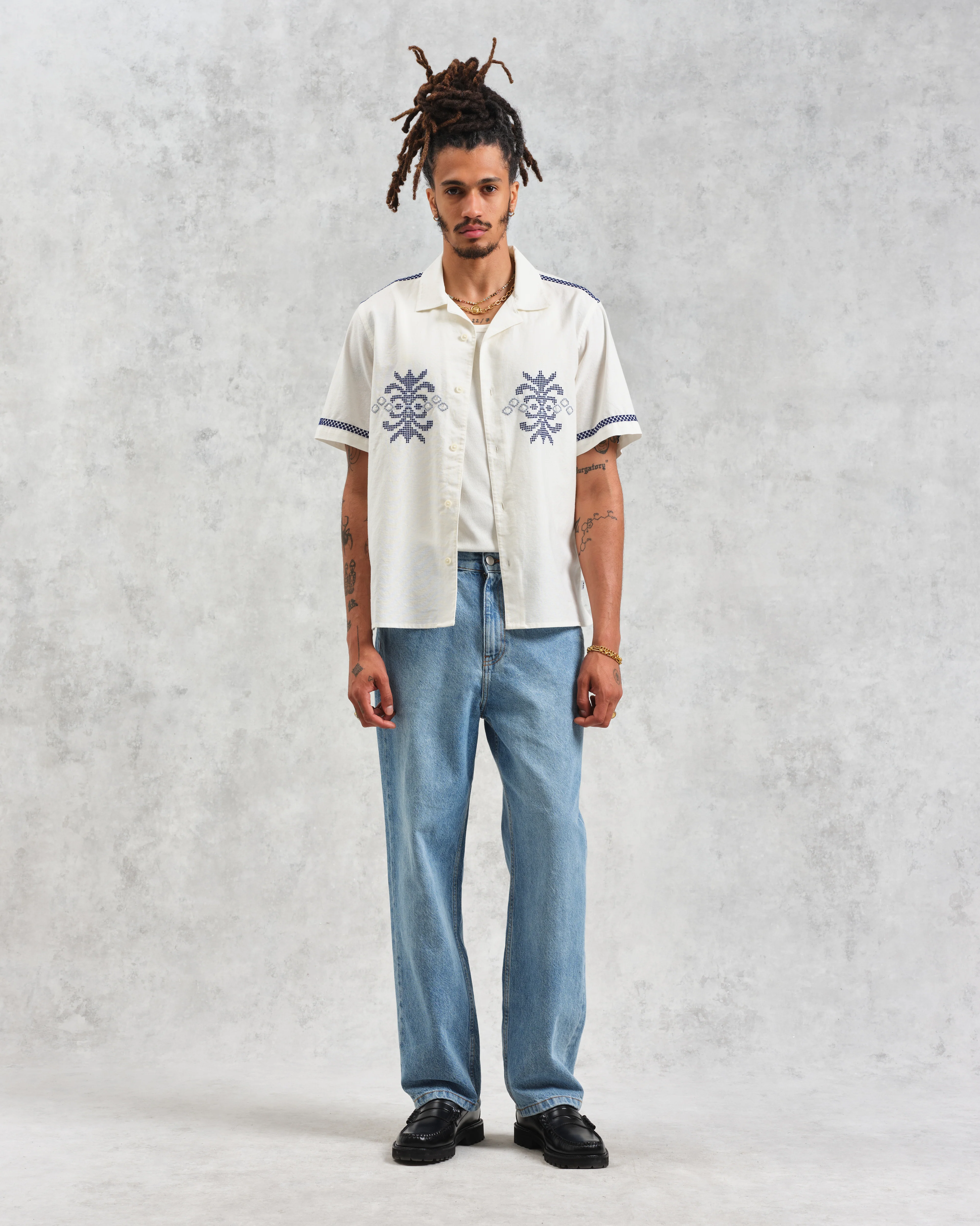 Didcot - Ecru Motif Embroidered Short-Sleeve Shirt - Image 5
