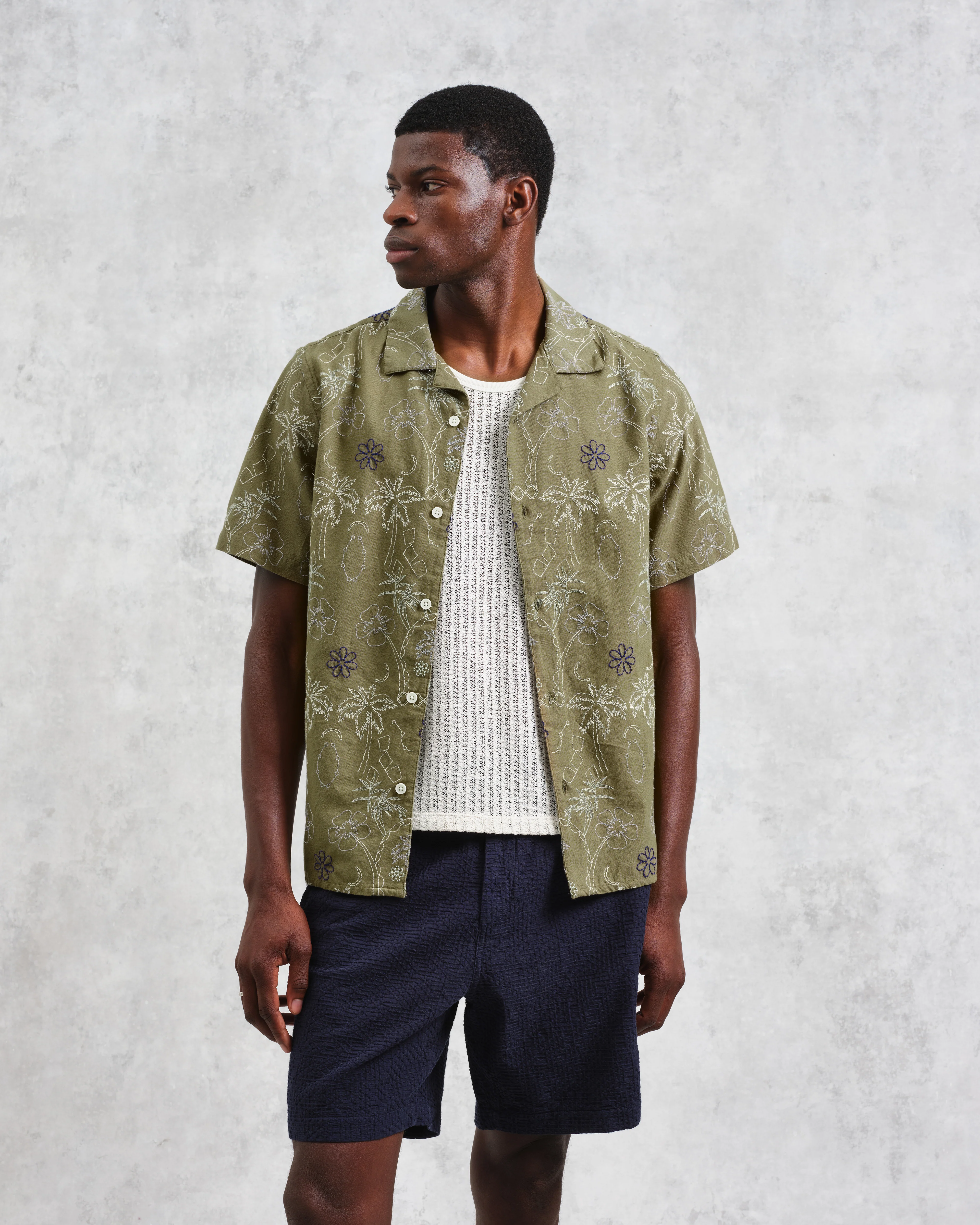 Didcot - Khaki Hawaiian Embroidered Short-Sleeve Shirt - Image 2