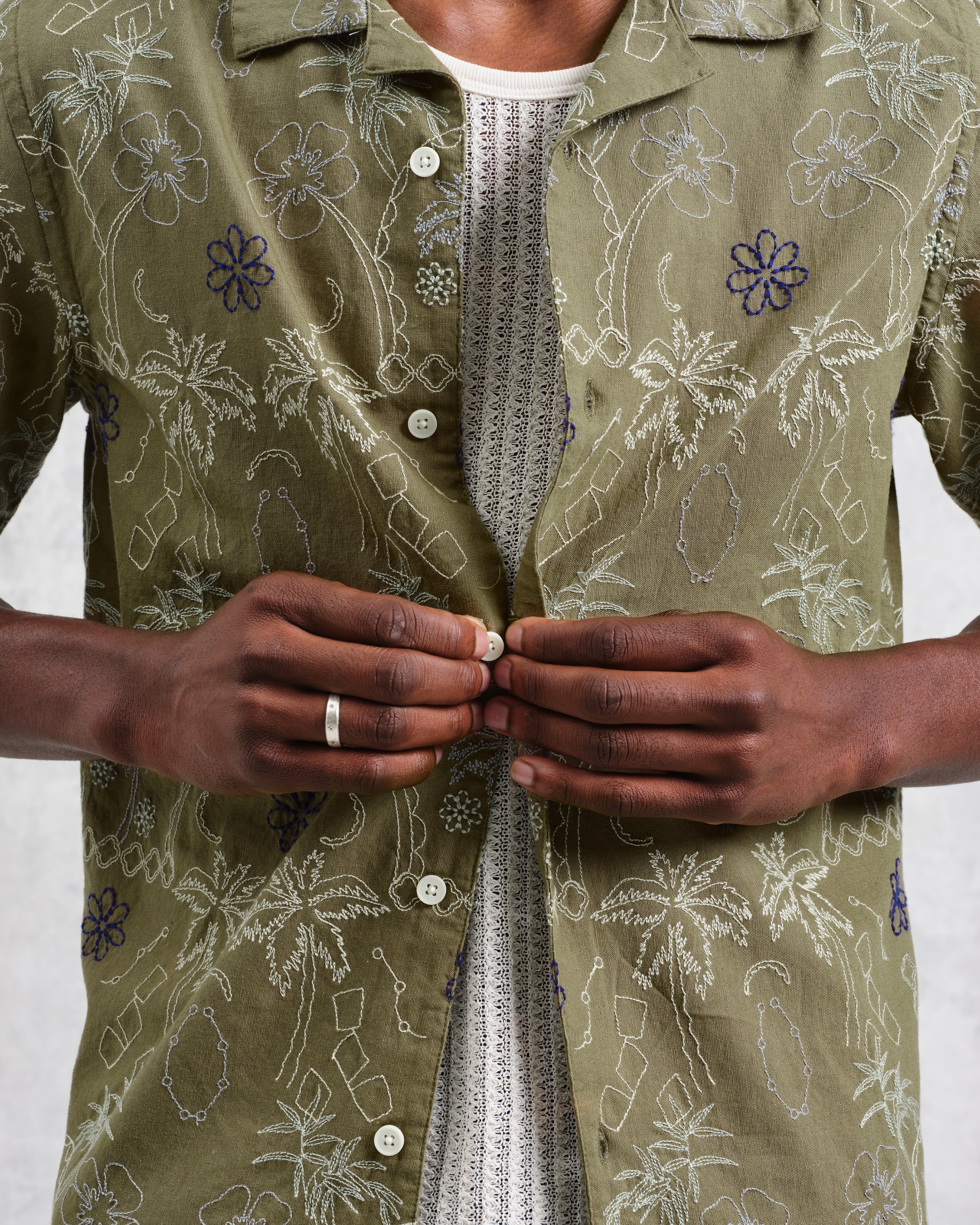 Didcot - Khaki Hawaiian Embroidered Short-Sleeve Shirt - Image 3