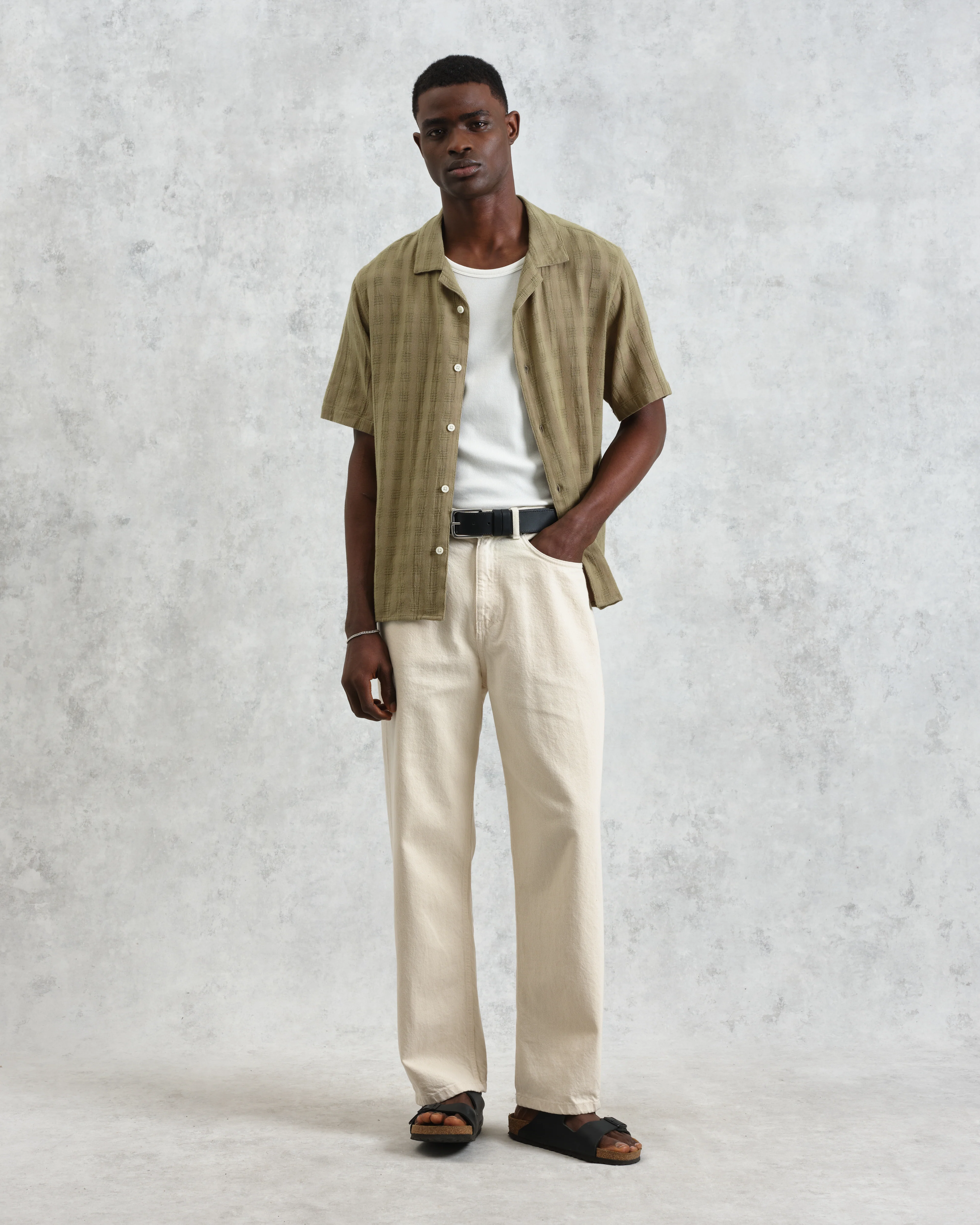 Didcot - Khaki Open Weave Cotton Short-Sleeve Shirt - Image 3