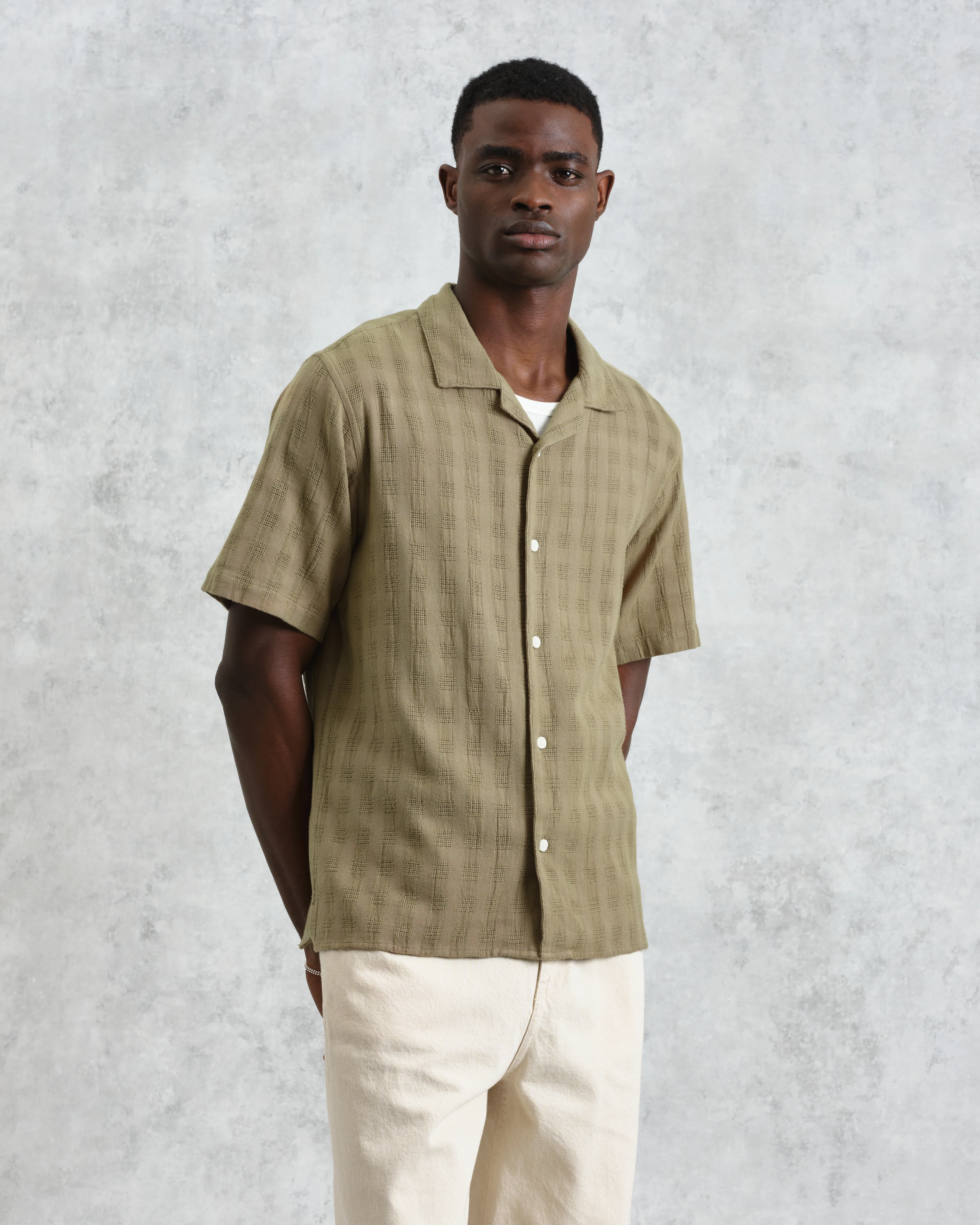 Didcot - Khaki Open Weave Cotton Short-Sleeve Shirt - Image 5