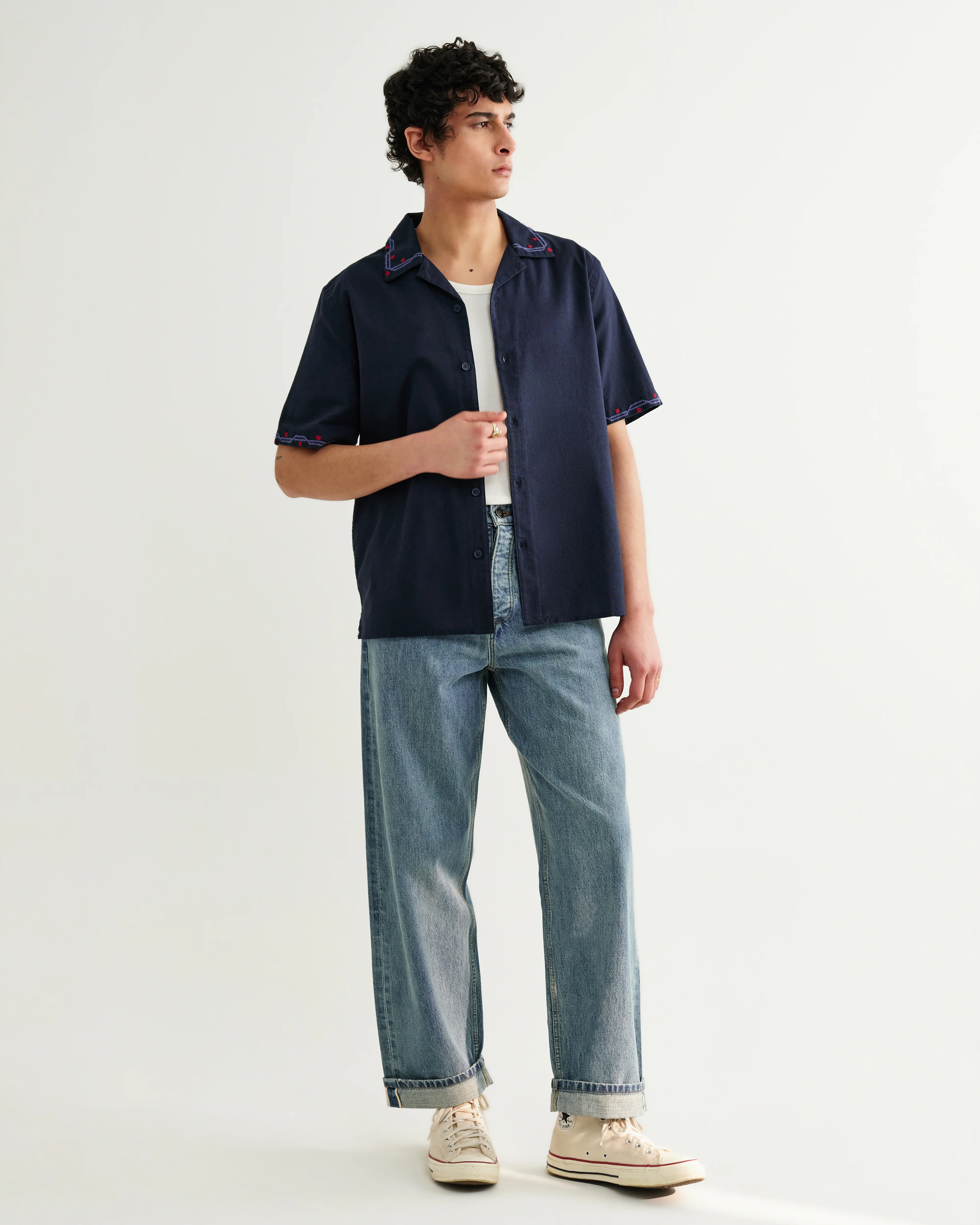 Didcot - Navy Cross-Stitch Border Short-Sleeve Shirt - Image 2