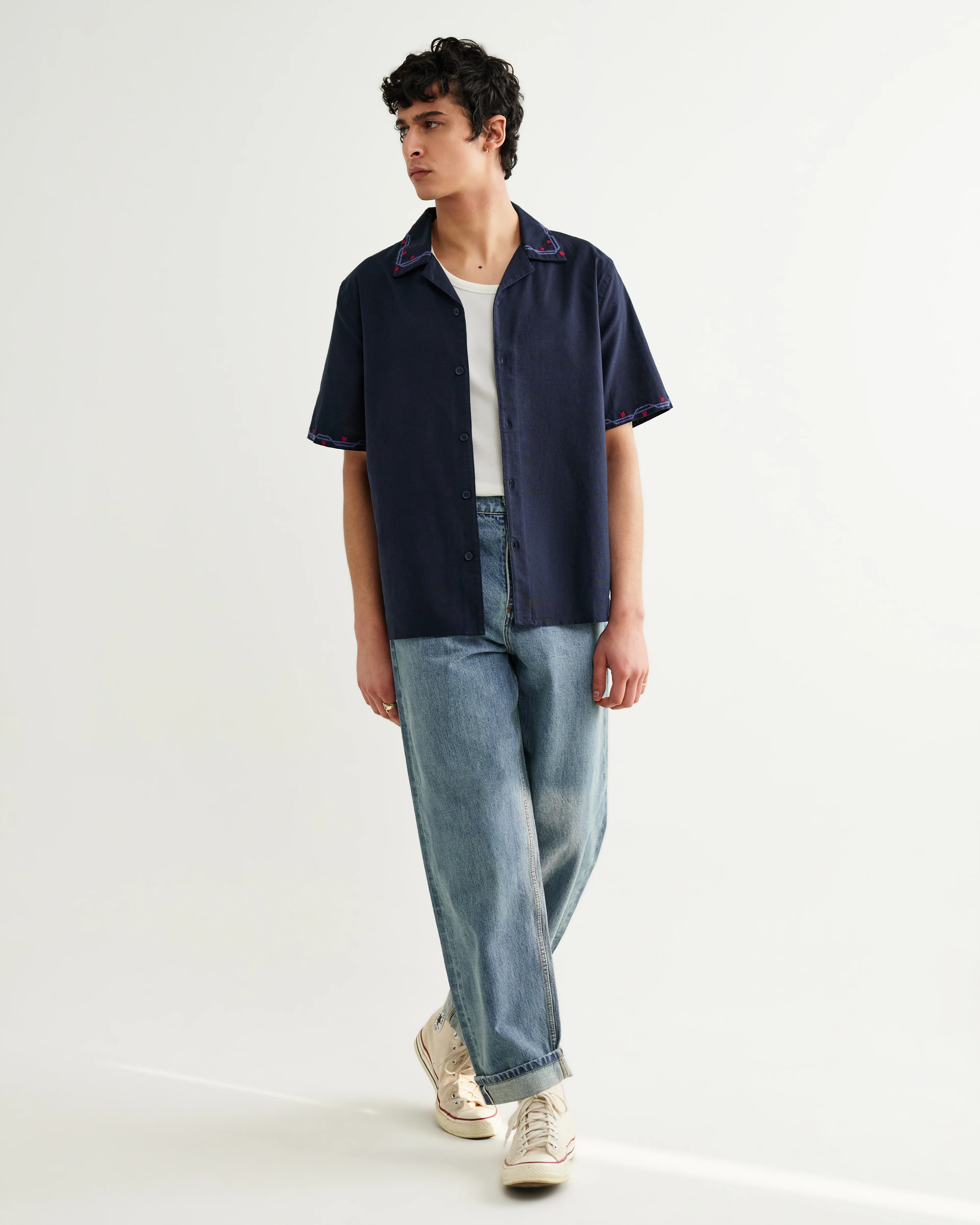 Didcot - Navy Cross-Stitch Border Short-Sleeve Shirt - Image 3